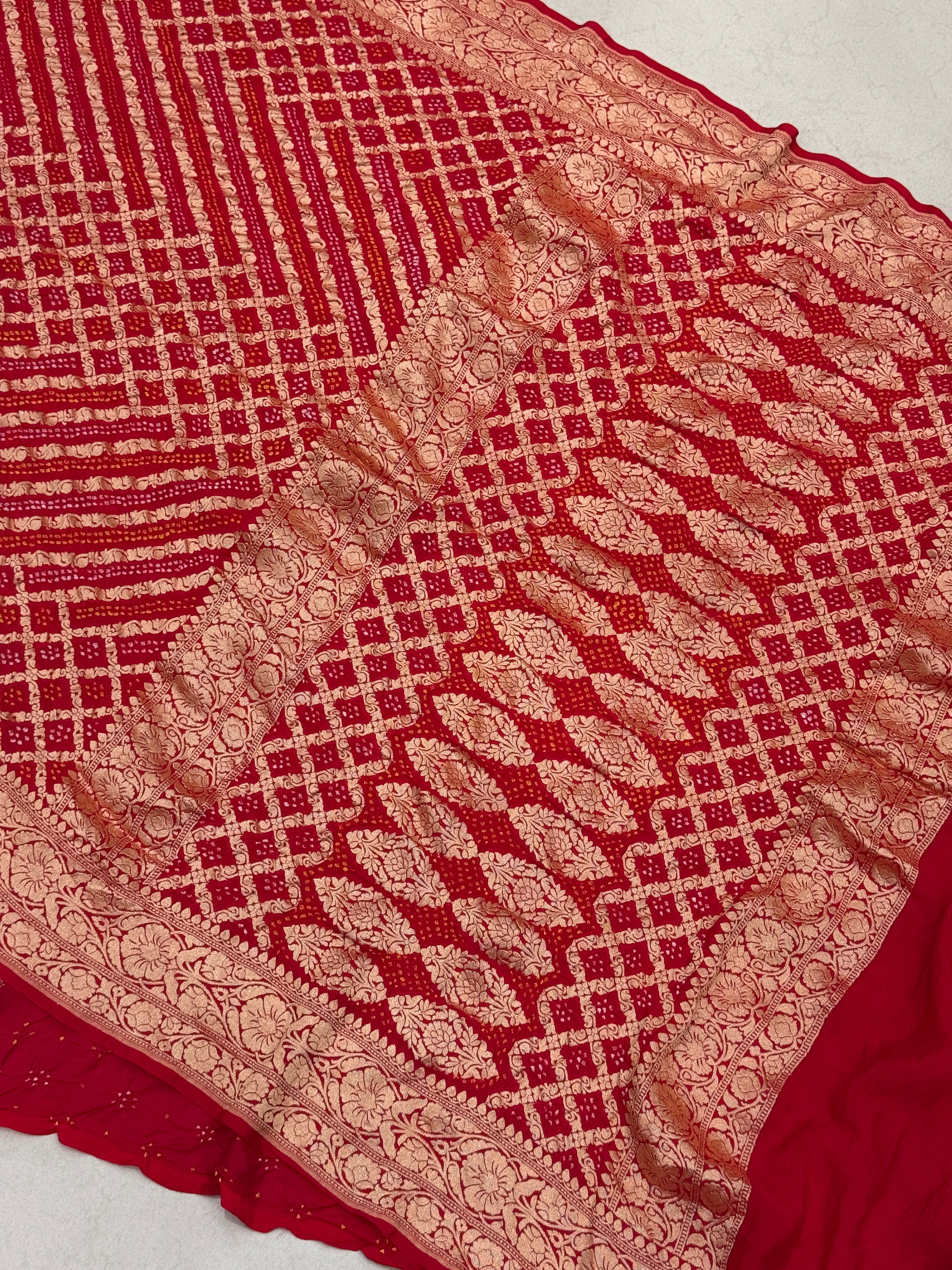 Red Criss Cross Georgette Handloom Bandhej Bandhini Saree