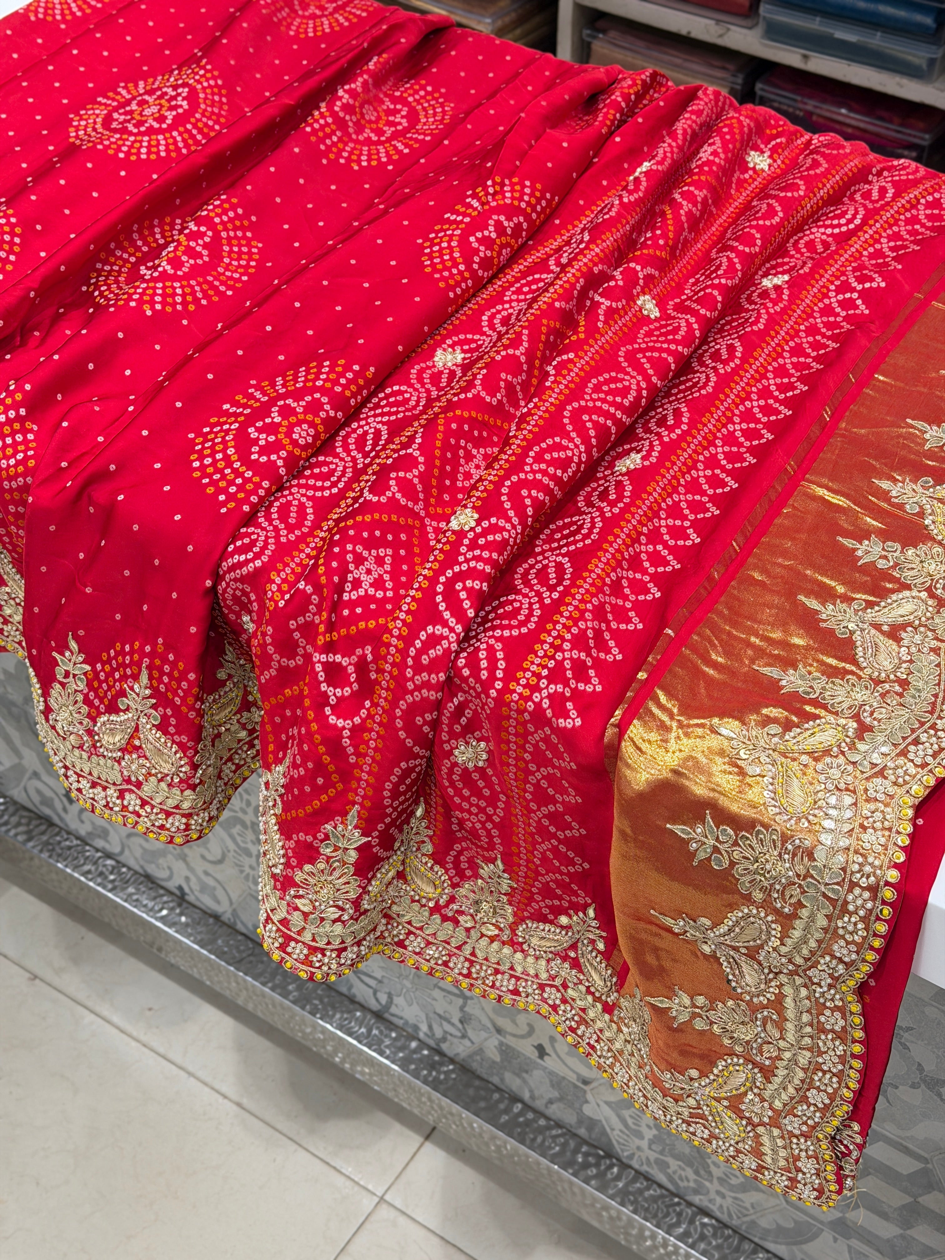 Red Gajji Silk Woven Bandhej Zardosi Marodi Hand Embroidery Saree