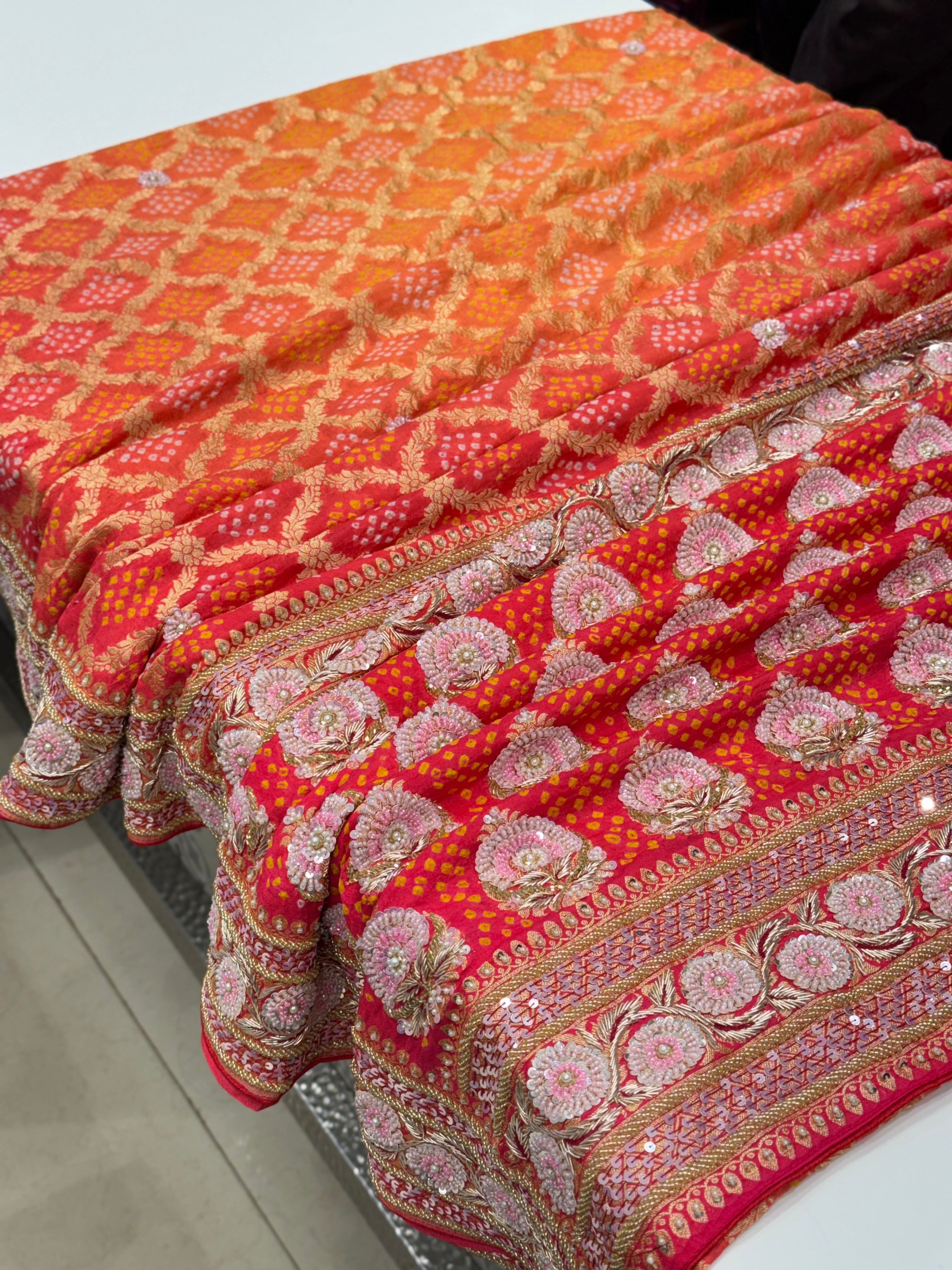 Shaded Peach Orange Bandhej Hand Embroidery Saree