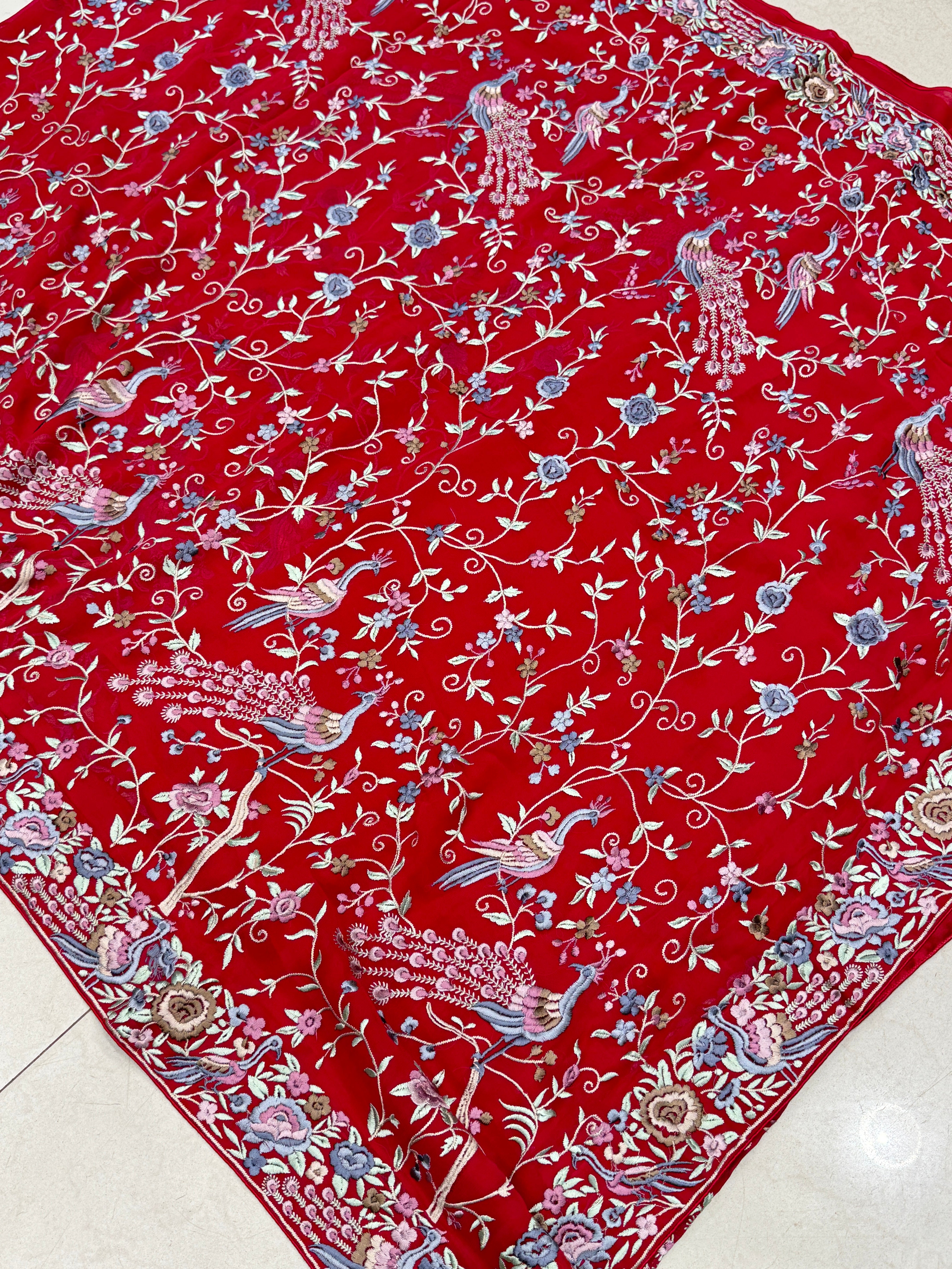Red Georgette Parsi Gara Peacocks Saree