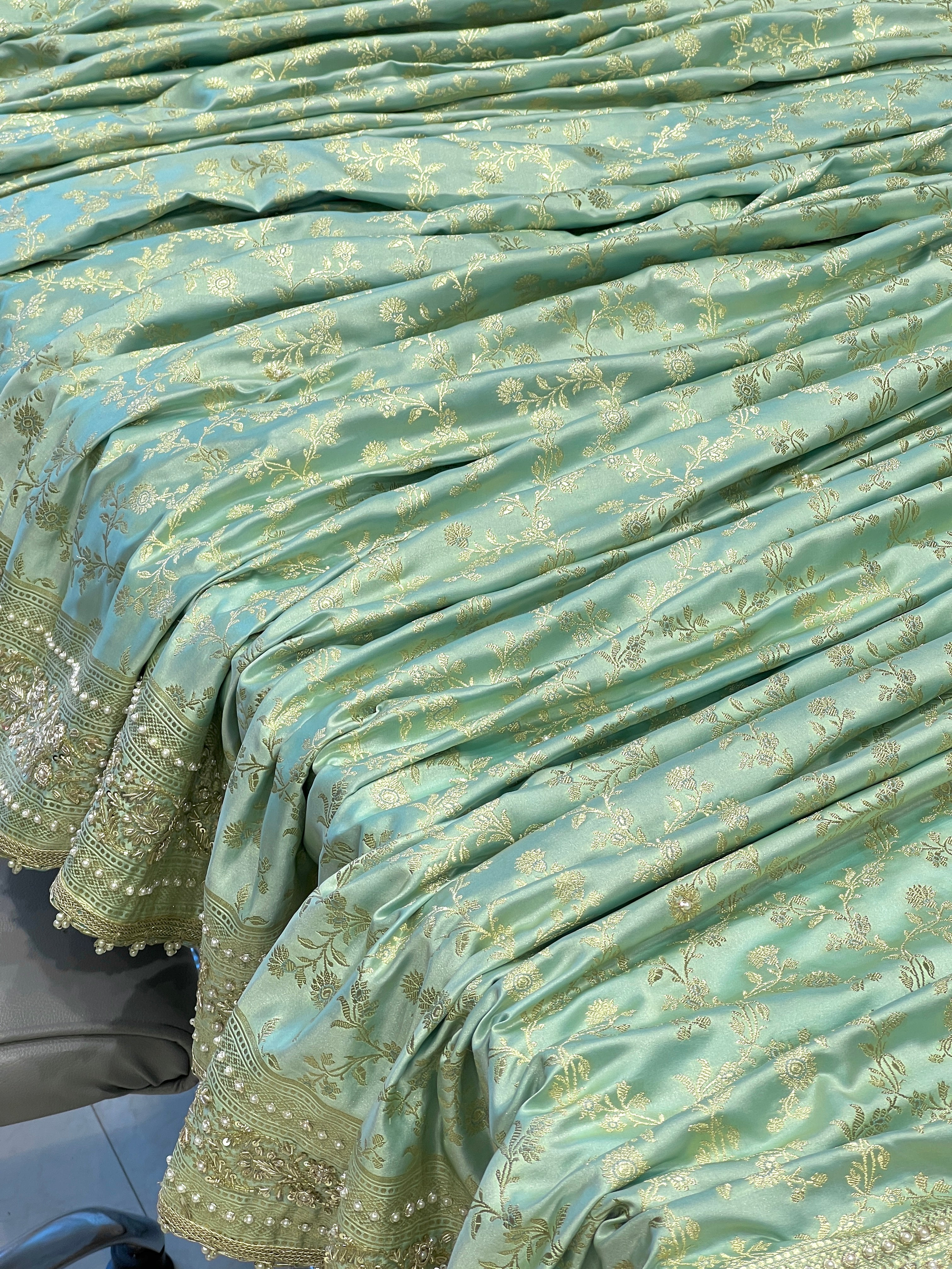 Pista Green Banarasi Silk Jaal Moti Hand Embroidery Saree