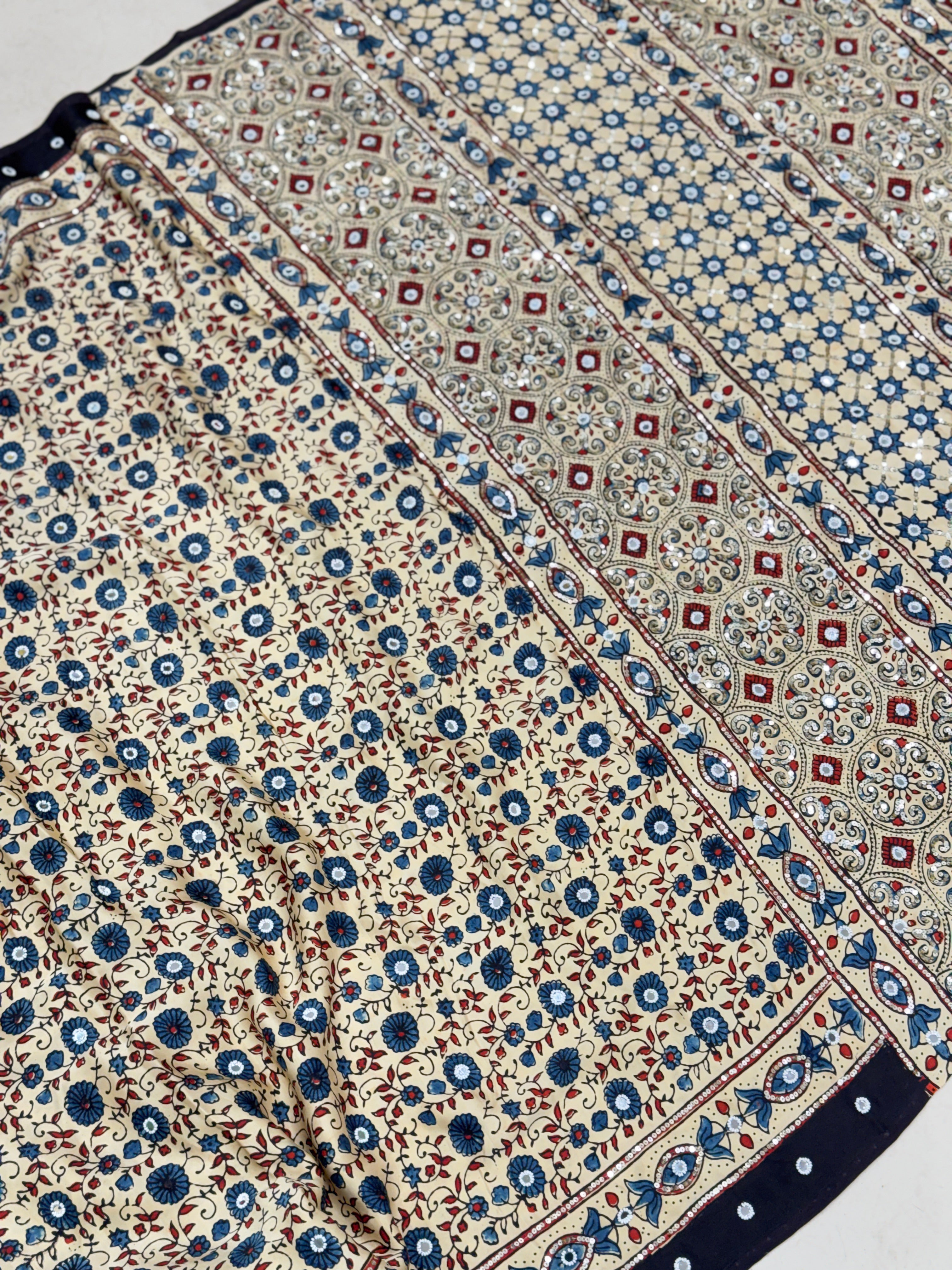 White Jaal Ajrakh Badam Buttas Sequin Mirror Hand Embroidery Saree