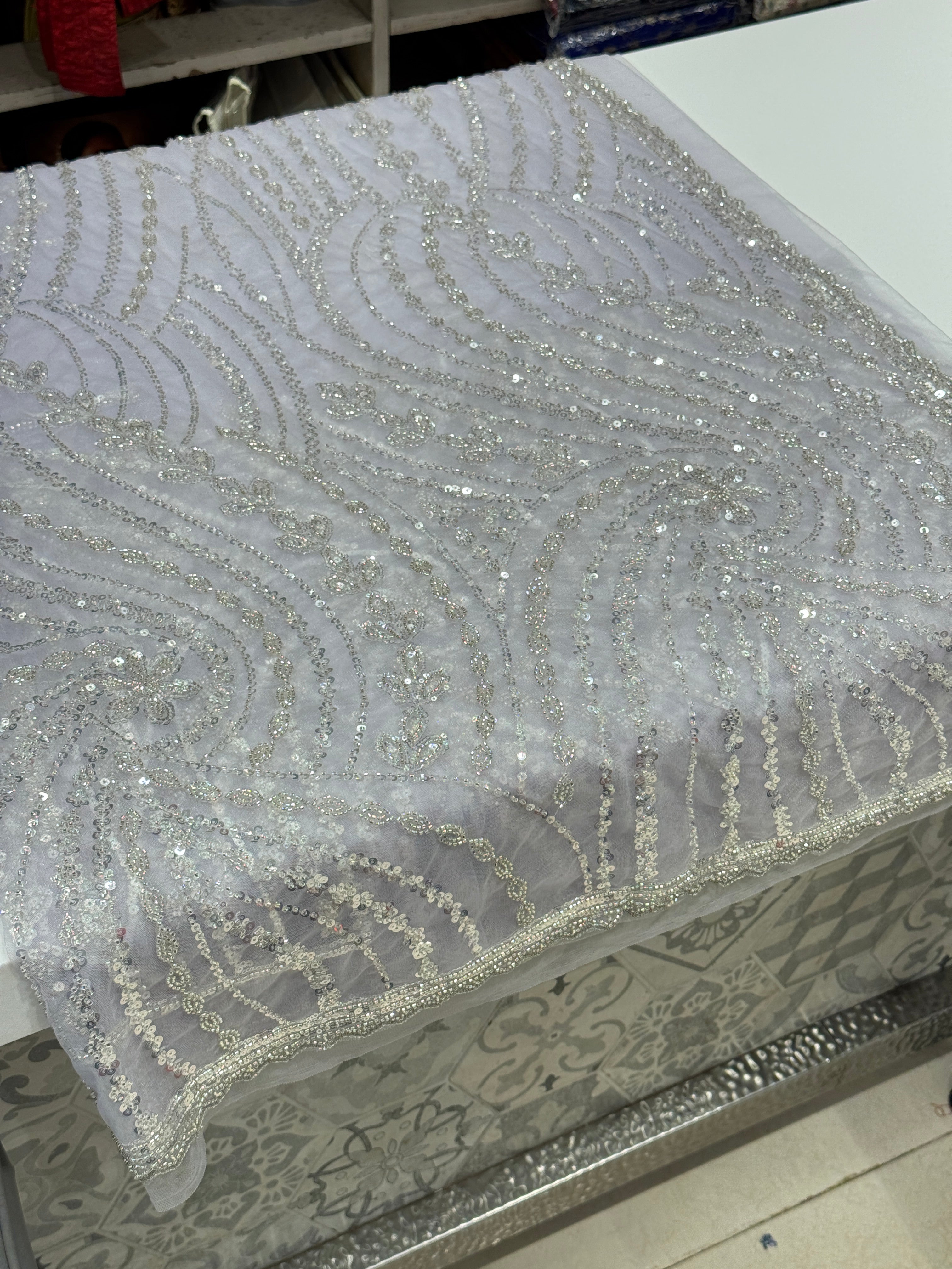 Lilac Soft Net Sequin Moti Embroidery Saree