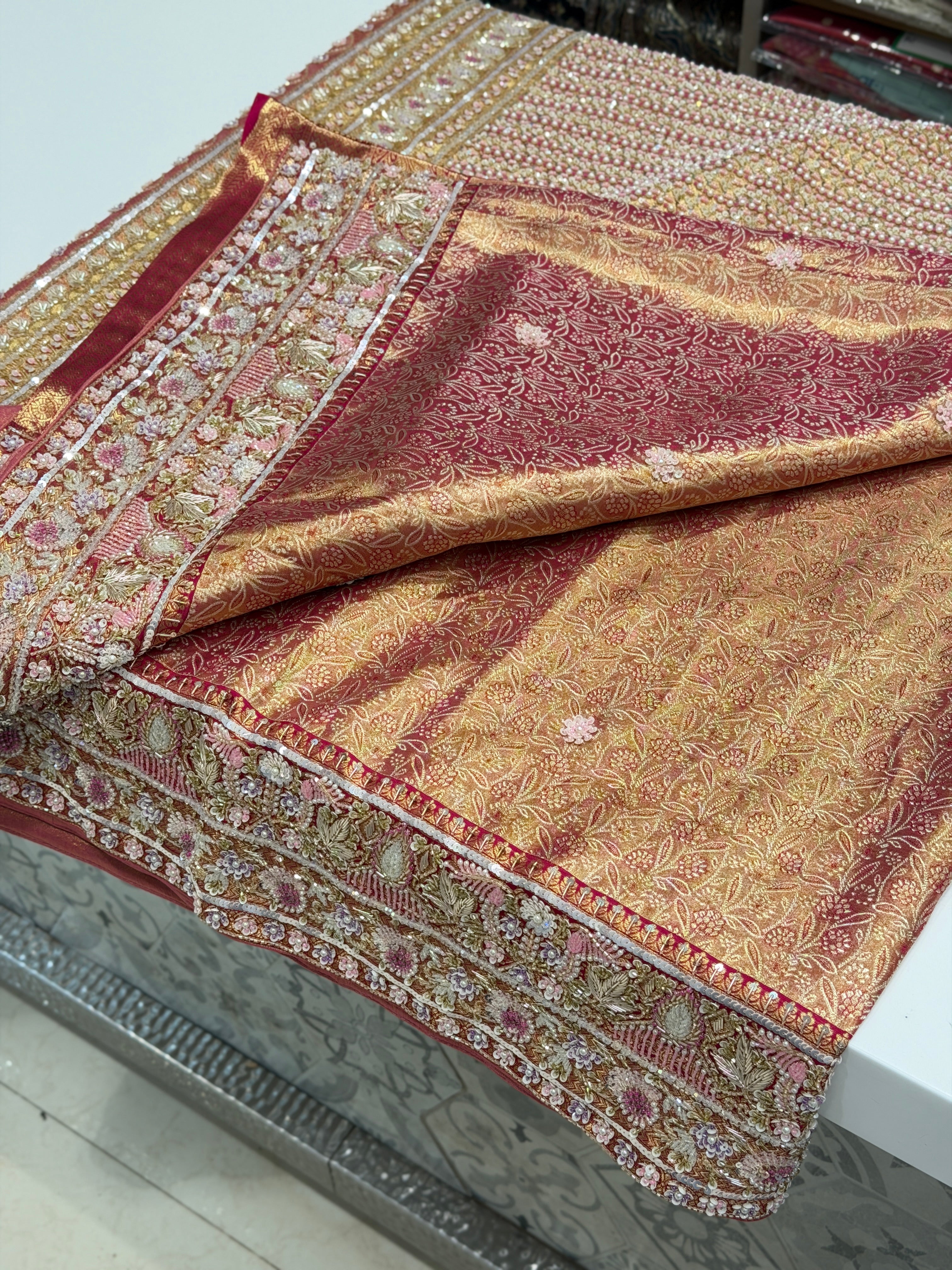 Rani Pink Golden Tissue Kanjivaram Moti Zardosi Hand Embroidery Saree