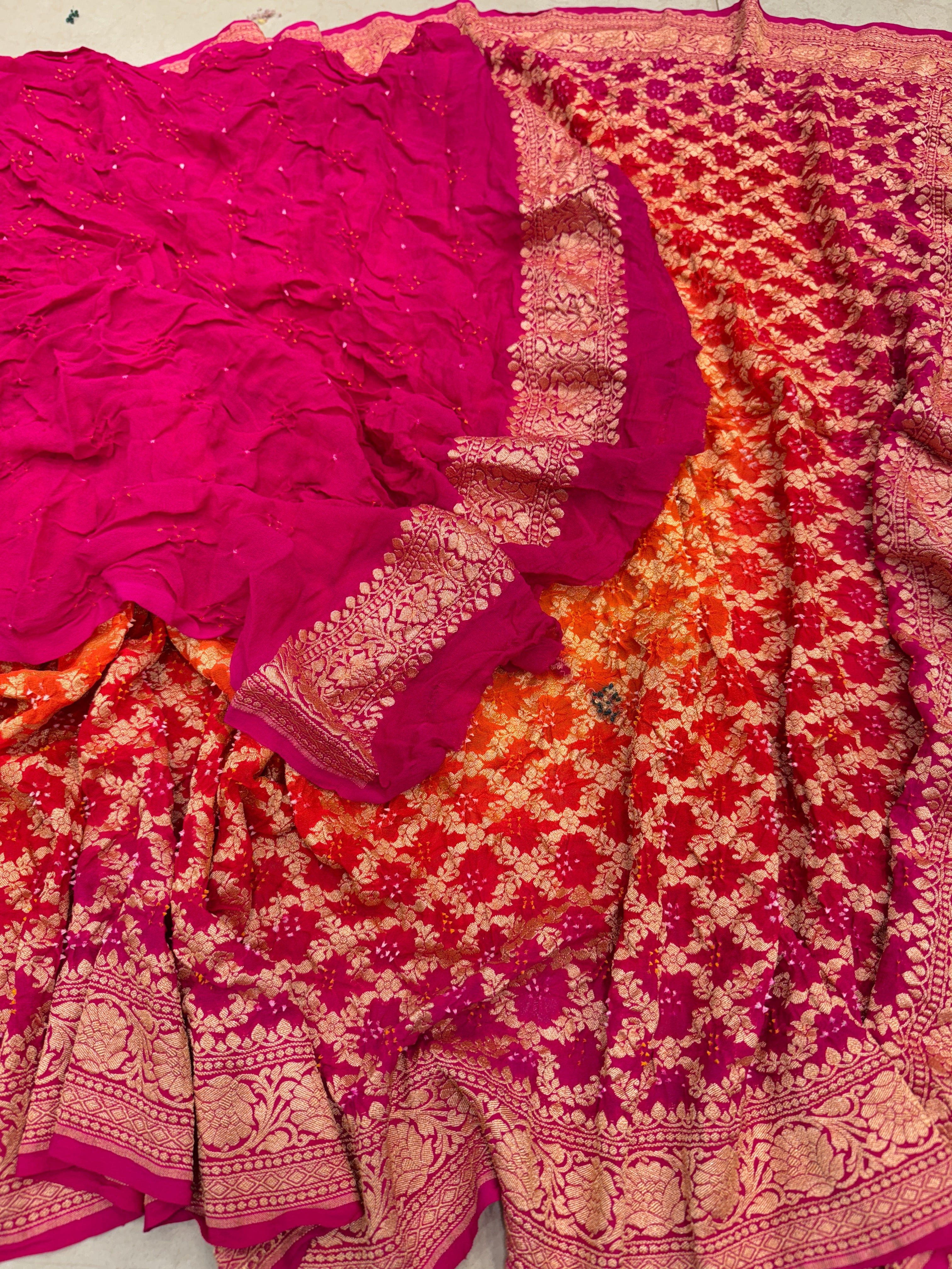 Shaded Orange Rani Block Pallu Bandhej Bandhini Saree