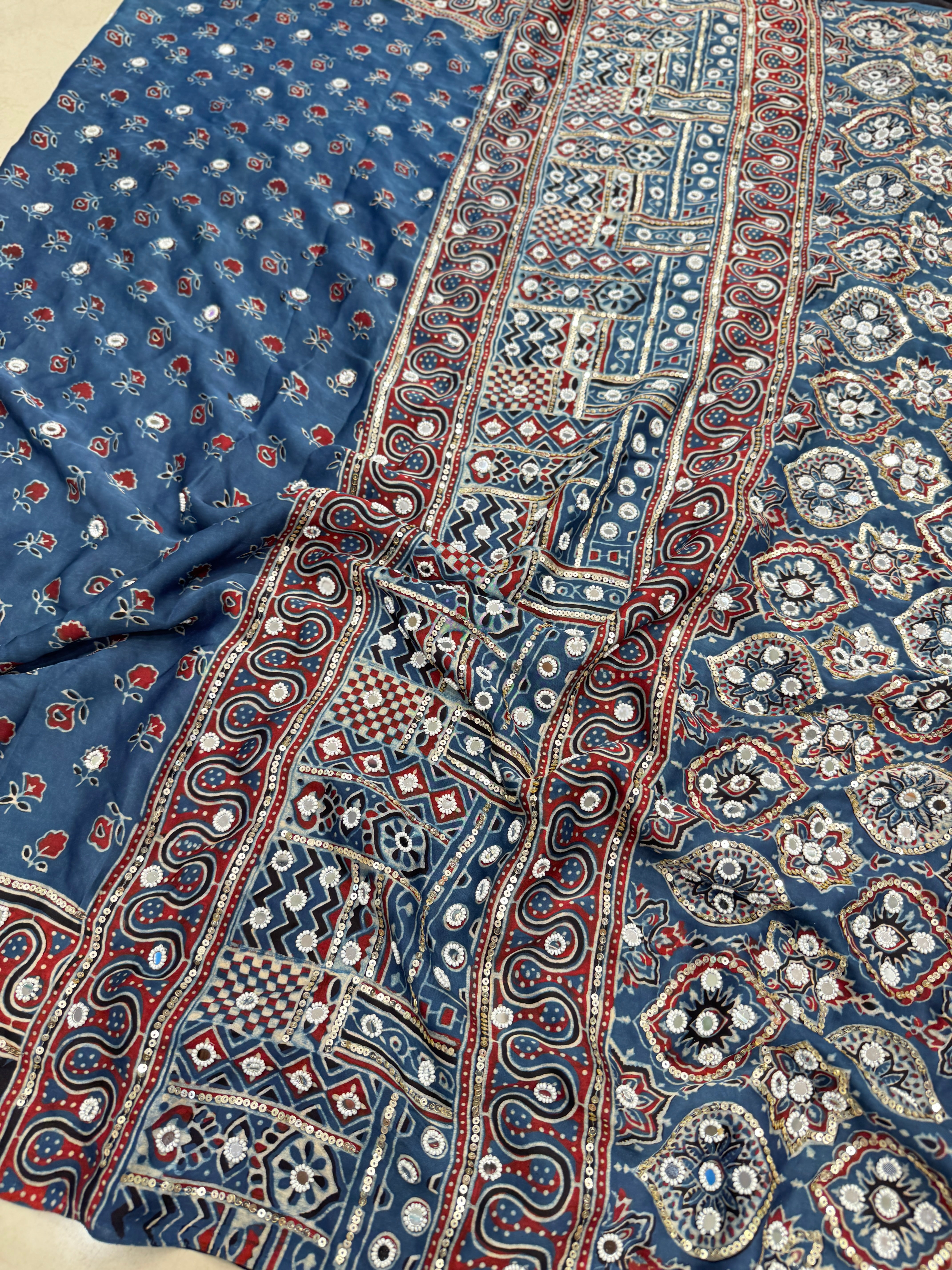 Blue Ajrakh Buttis Sequin Mirror Moti Hand Embroidery Saree