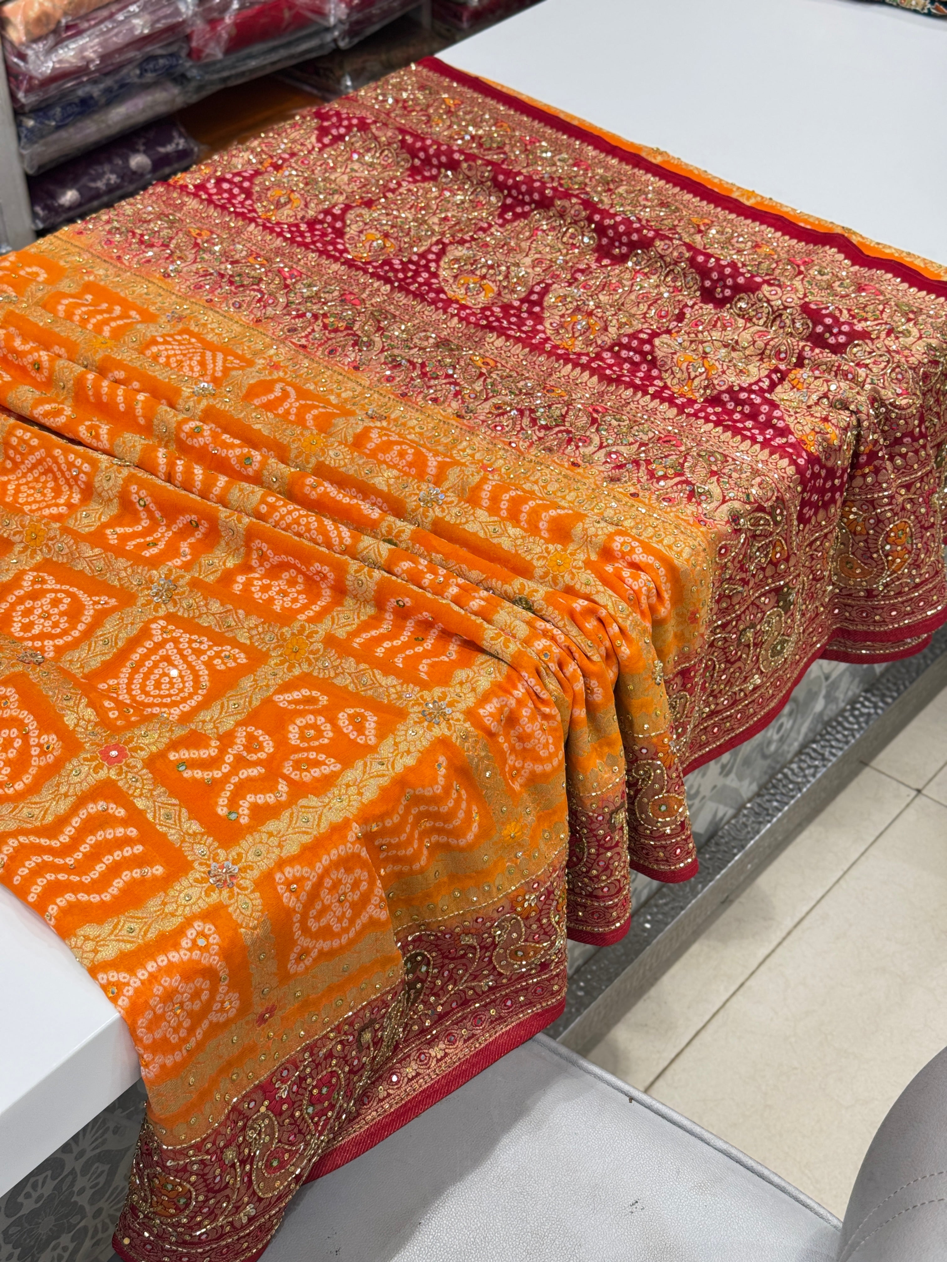 Orange Red Gharchola Hand Embroidery Saree