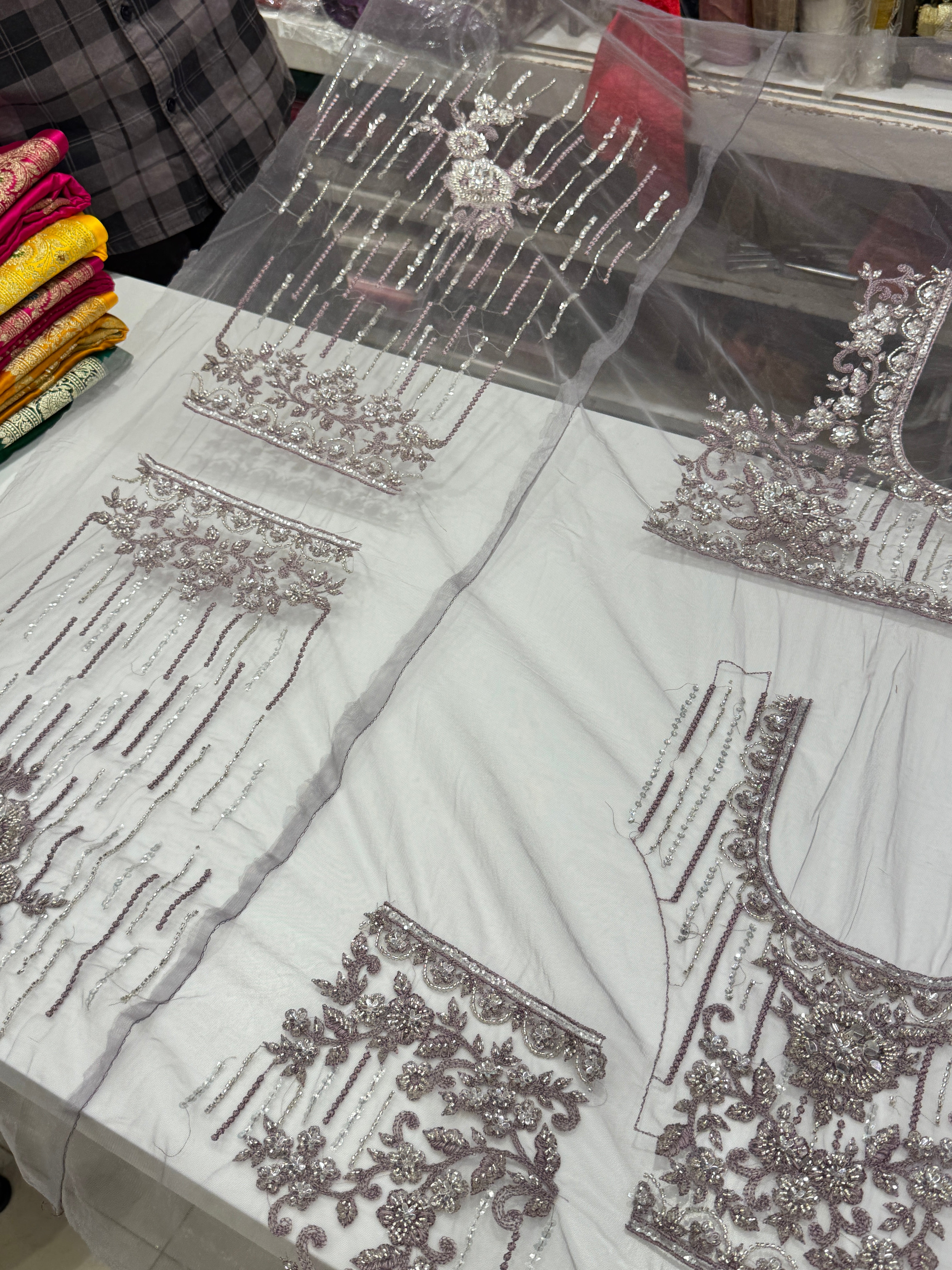 Lilac Embroidery Net Half and Half Saree