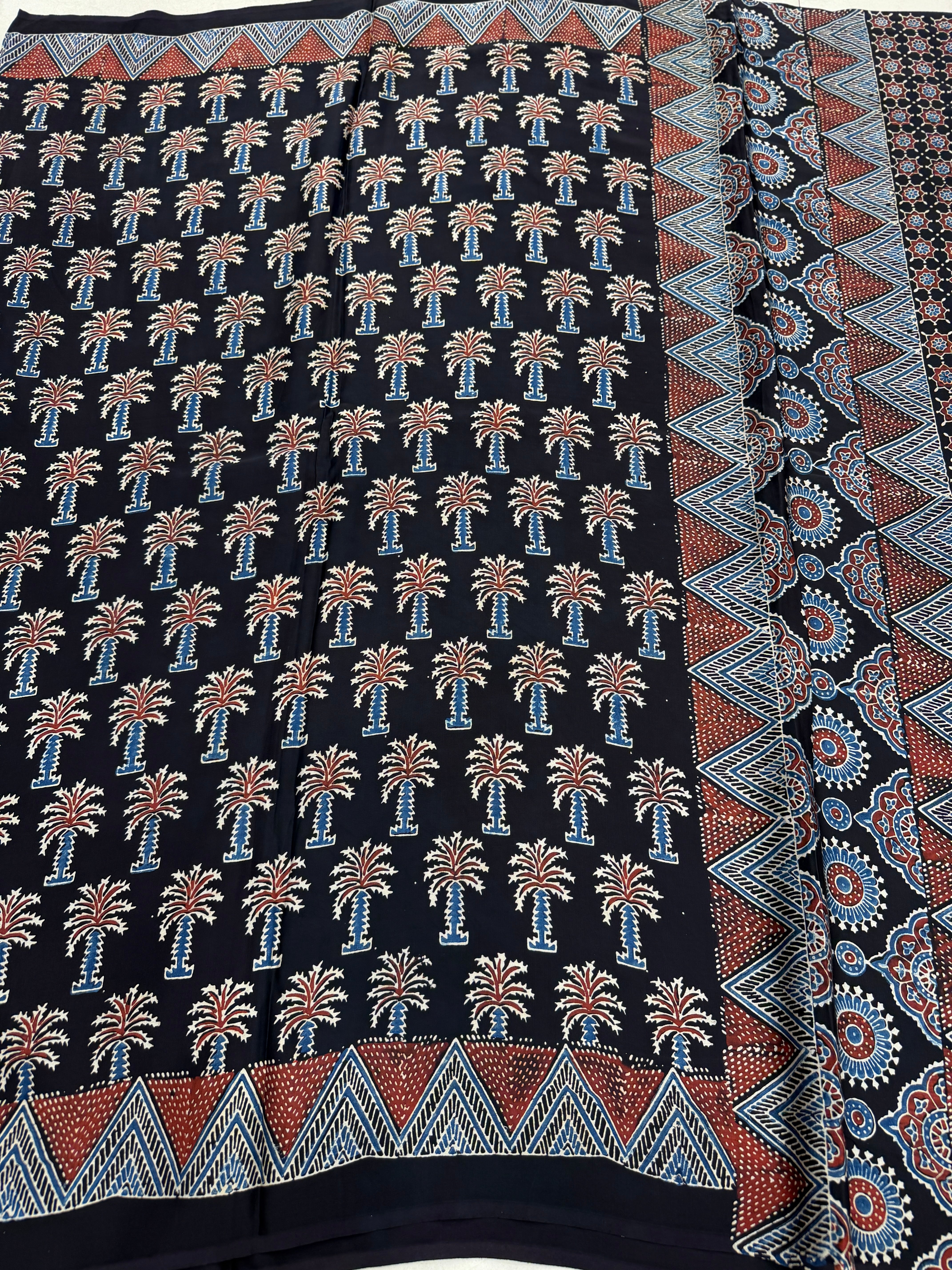 Black Palm Tree Butta Ajrakh Hand Block Print Pure Gajji Silk Saree