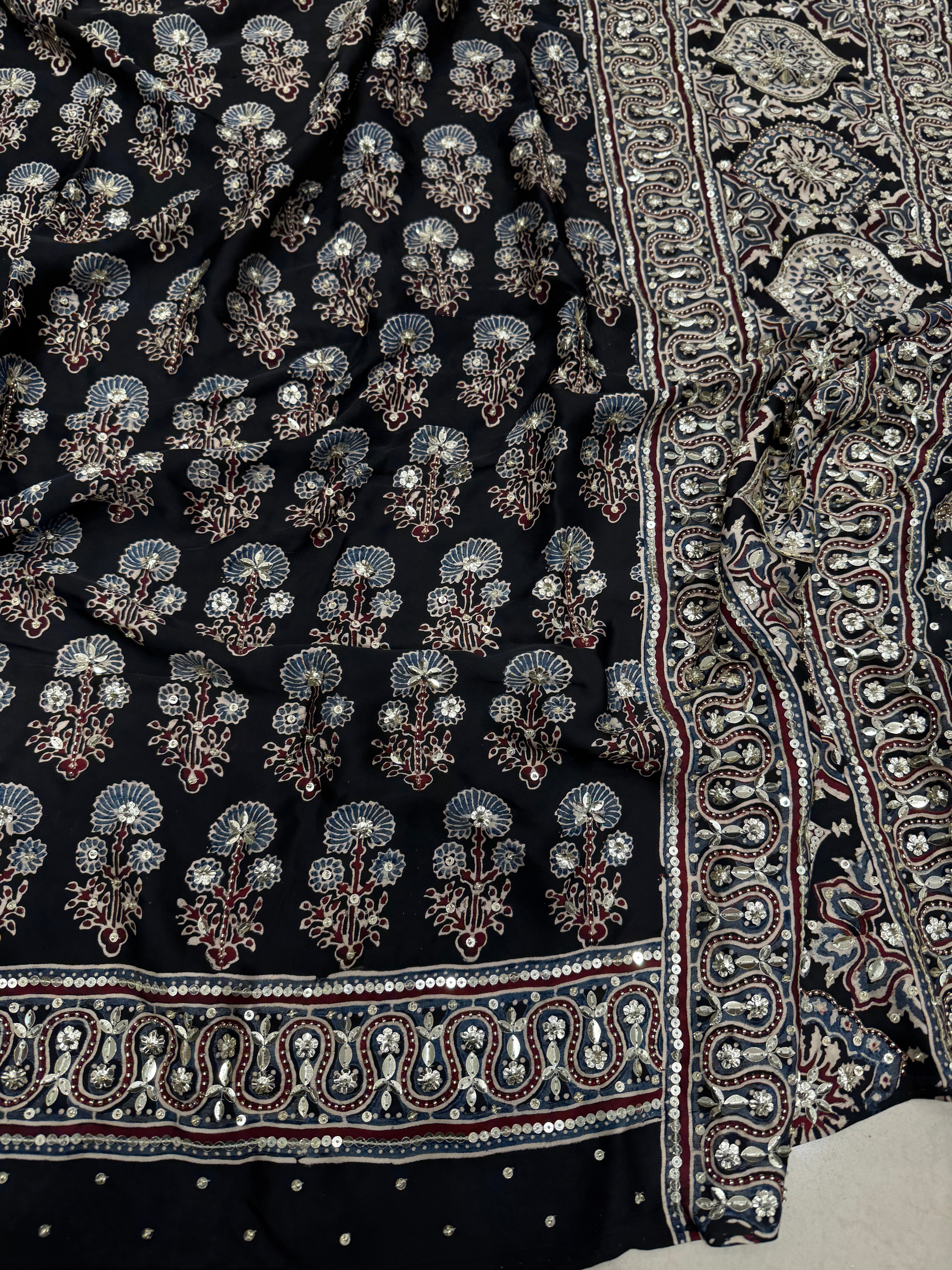 Black Floral Buttas Sequin Ajrakh Hand Embroidery Saree
