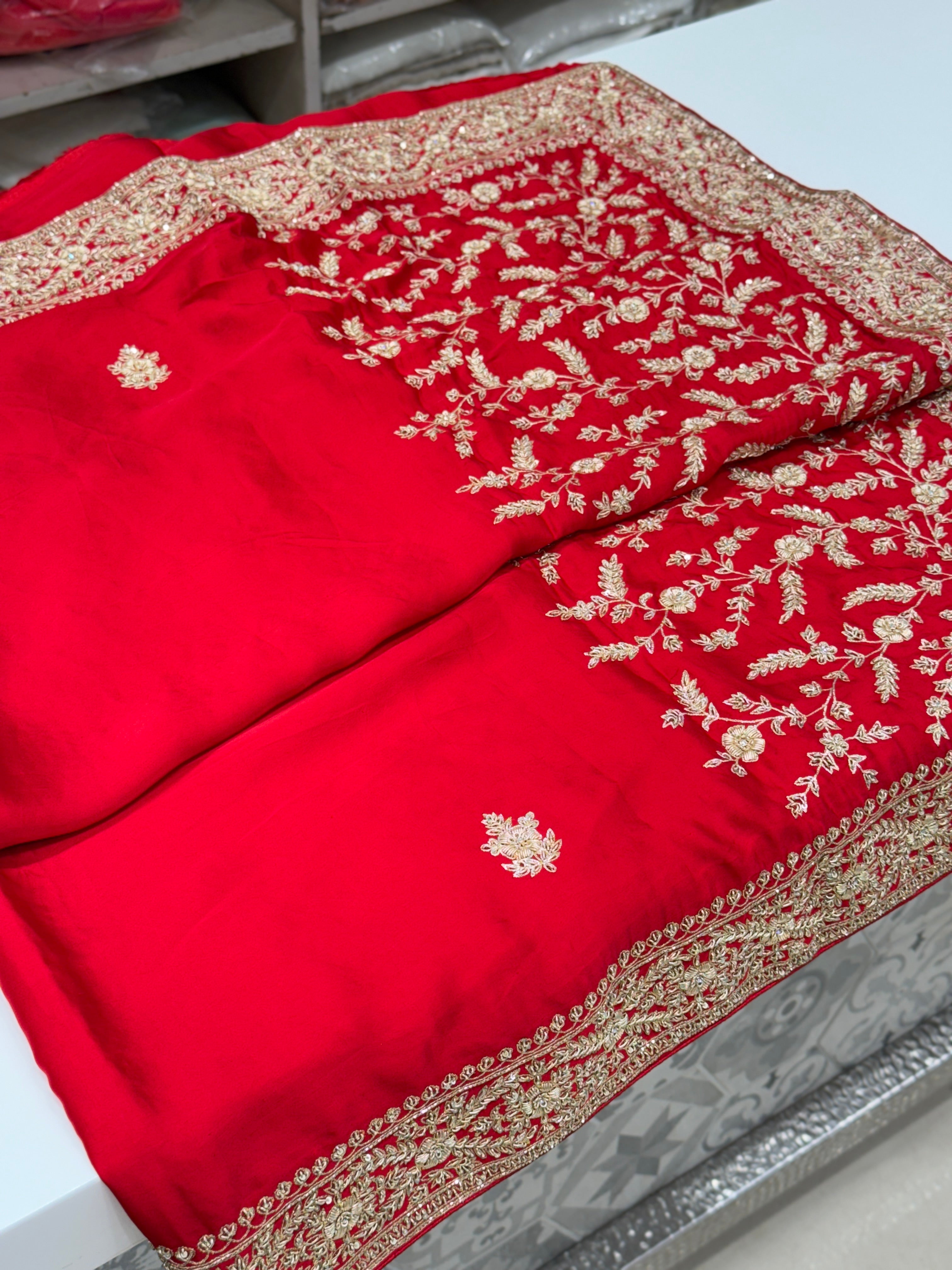 Red Satin Zardosi Saree