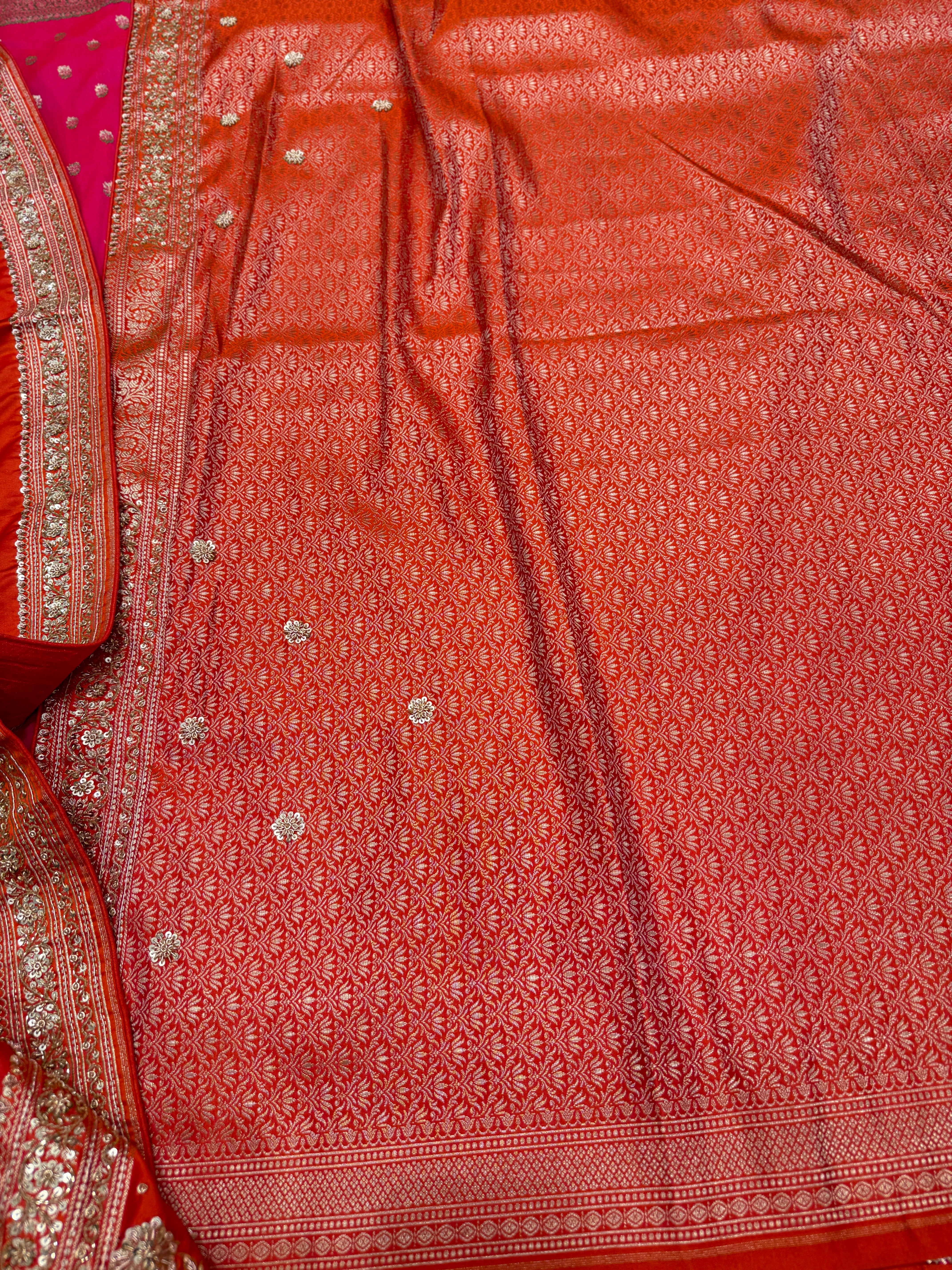Rust Orange Banarasi Buttis Zardosi Hand Embroidery Saree