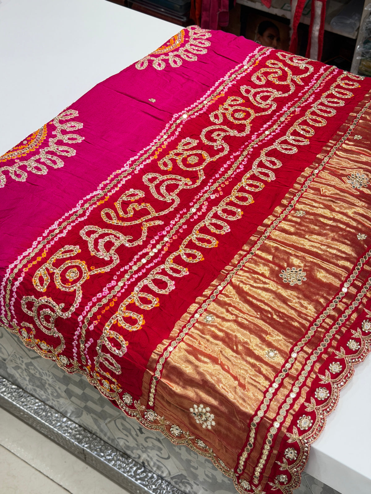 Rani Red Half Gharchola Gajji Silk Bandhej Gotapatti Marodi Hand Embroidery Saree