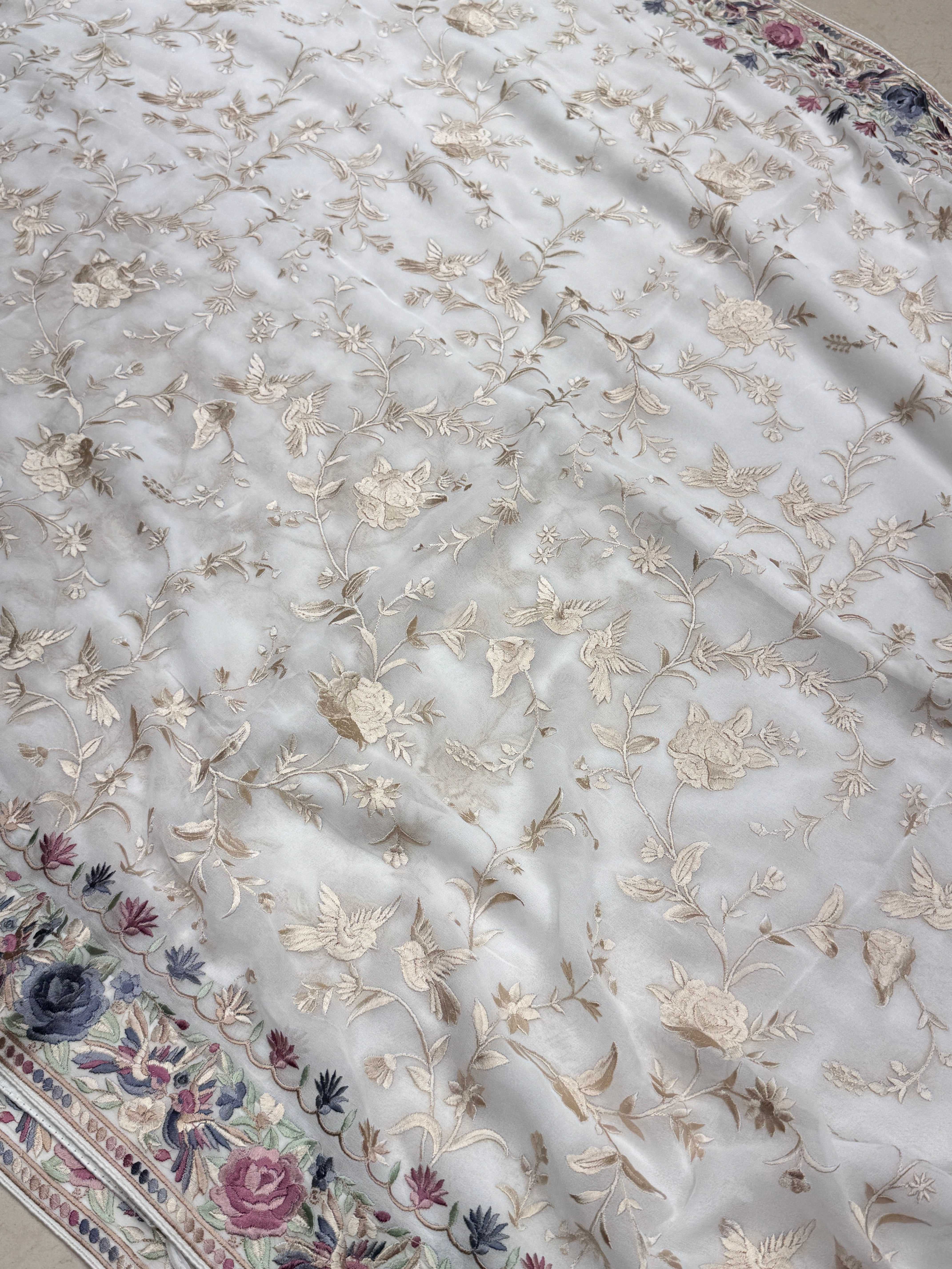 White Georgette Multi Colour Jaal Parsi Gara Saree