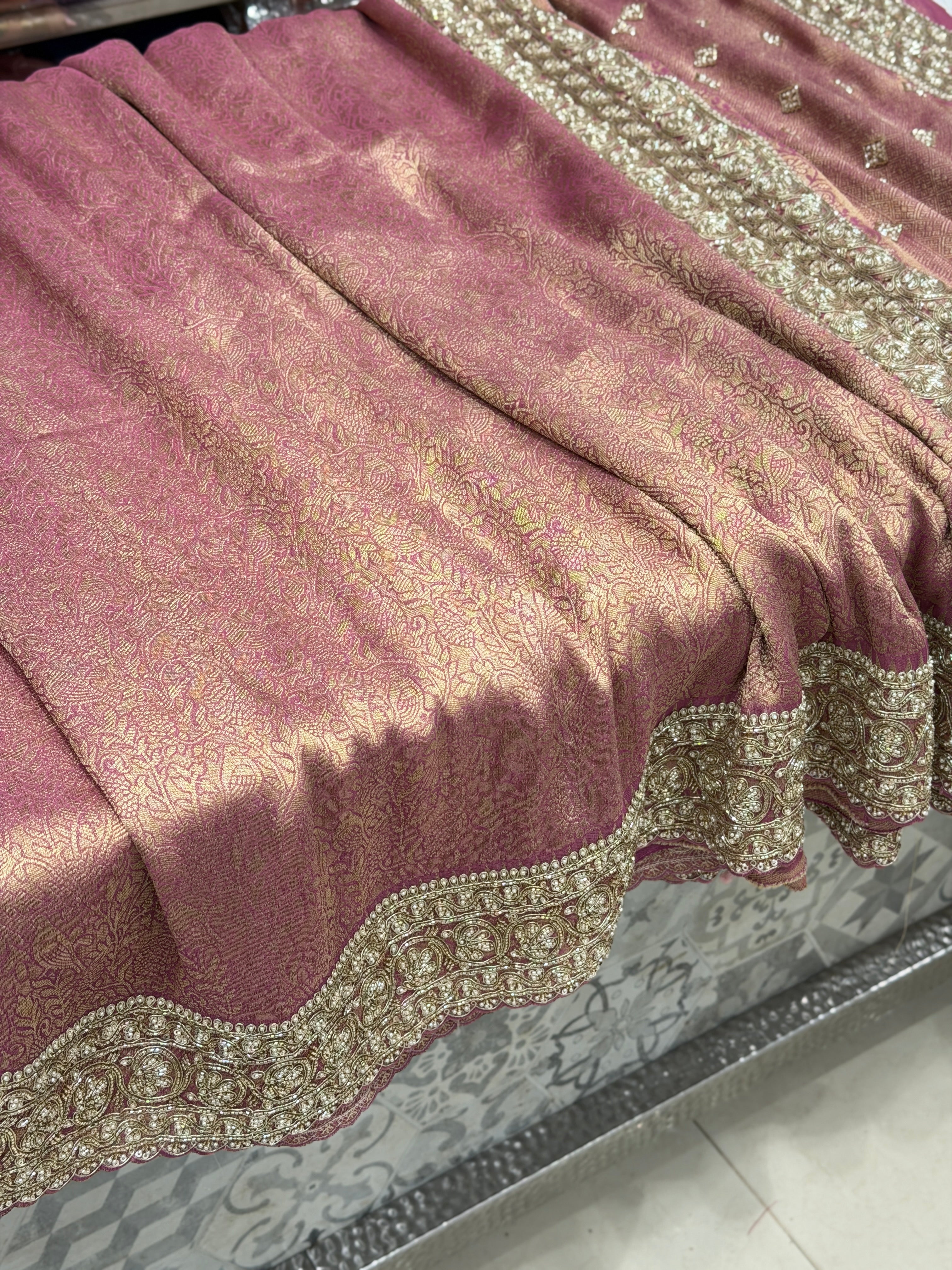 Purple Crepe Tissue Weaved Moti Cutana Embroidery Saree