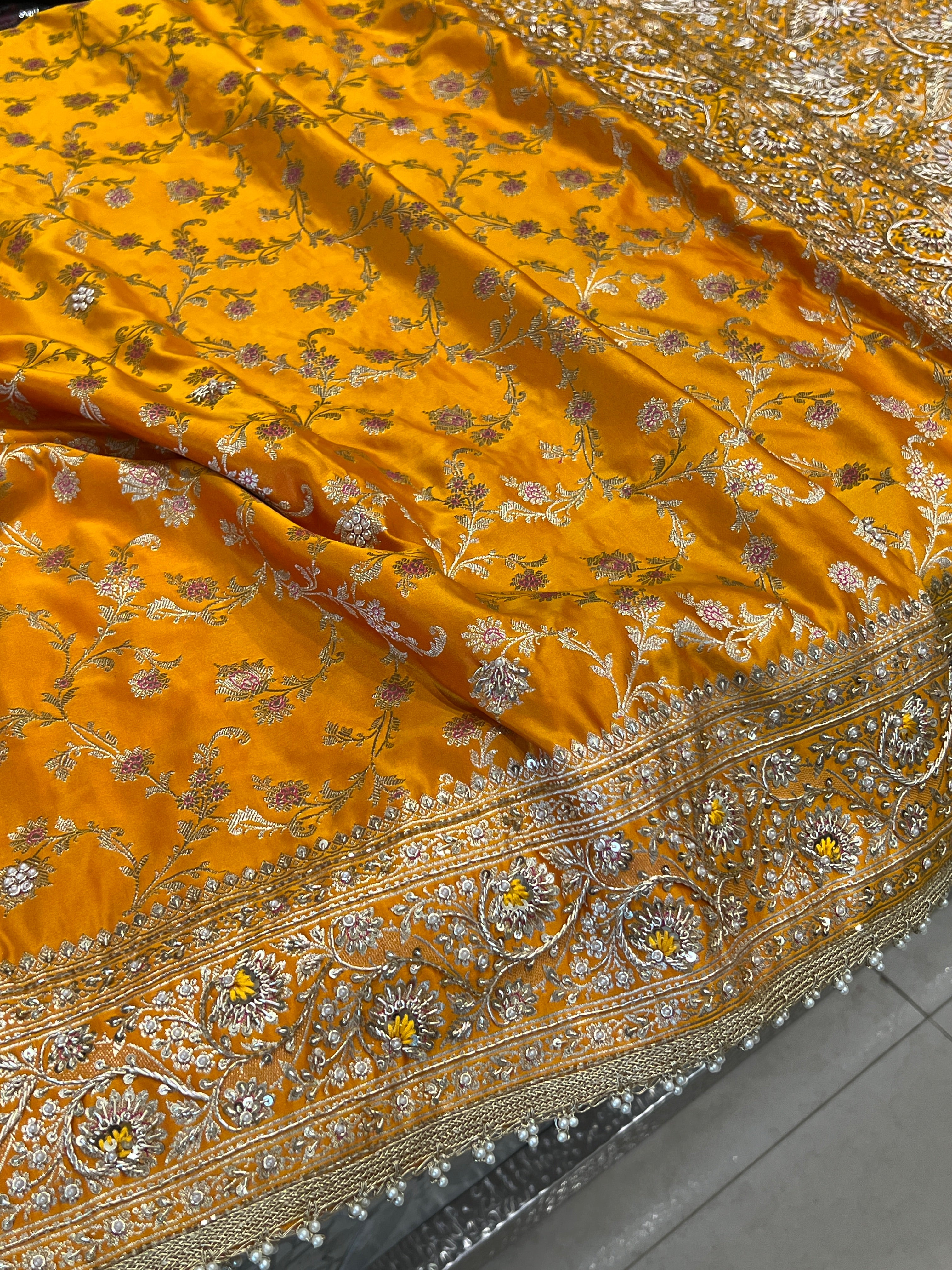 Mango Yellow Banarasi Upside Down Resham Zardosi Hand Embroidery