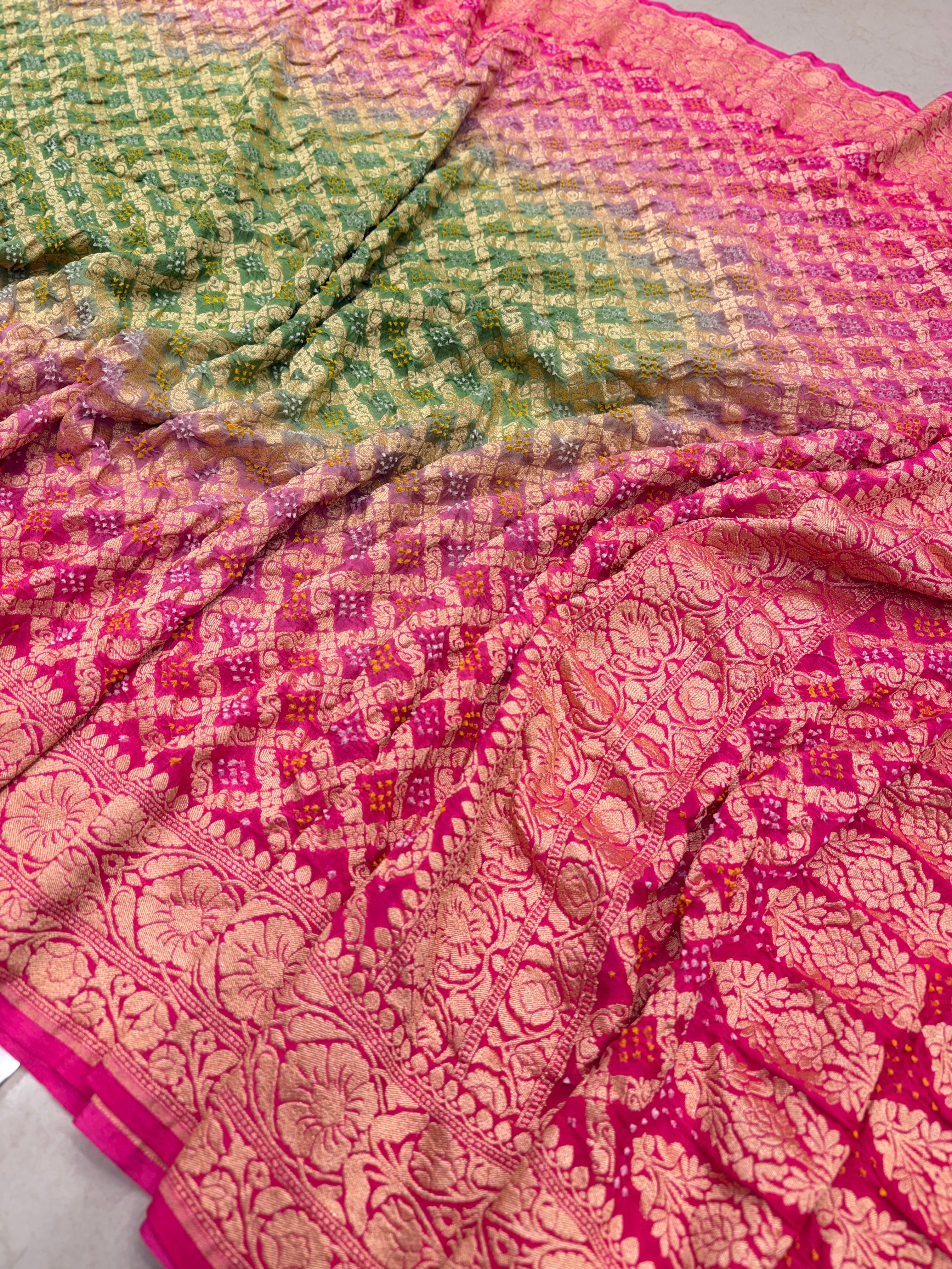 Alia Bhatt Inspired Shaded Georgette Handloom Bandhej Bandhini Saree