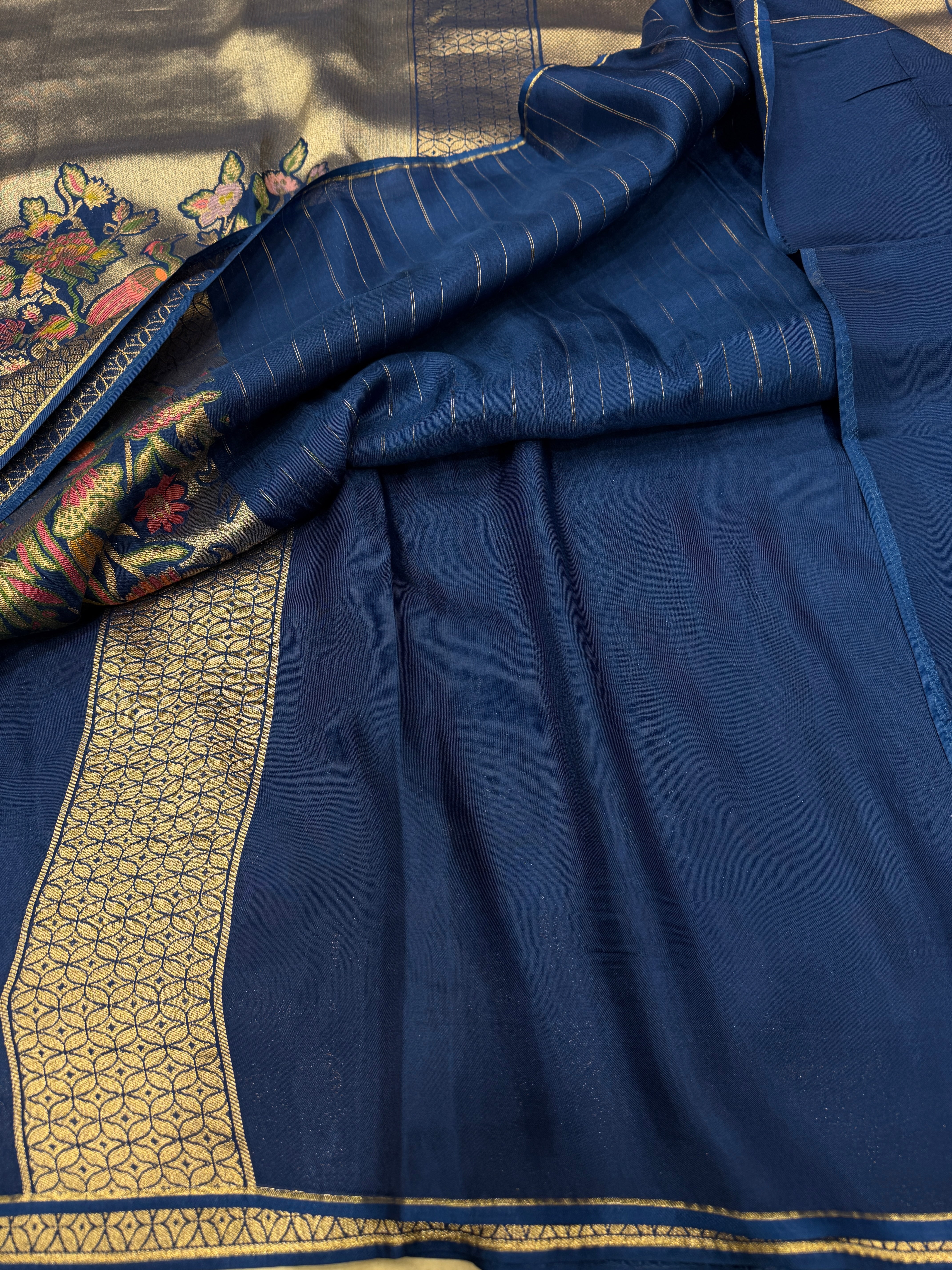 Blue Parsi Gara Weaved Munga Tissue Saree