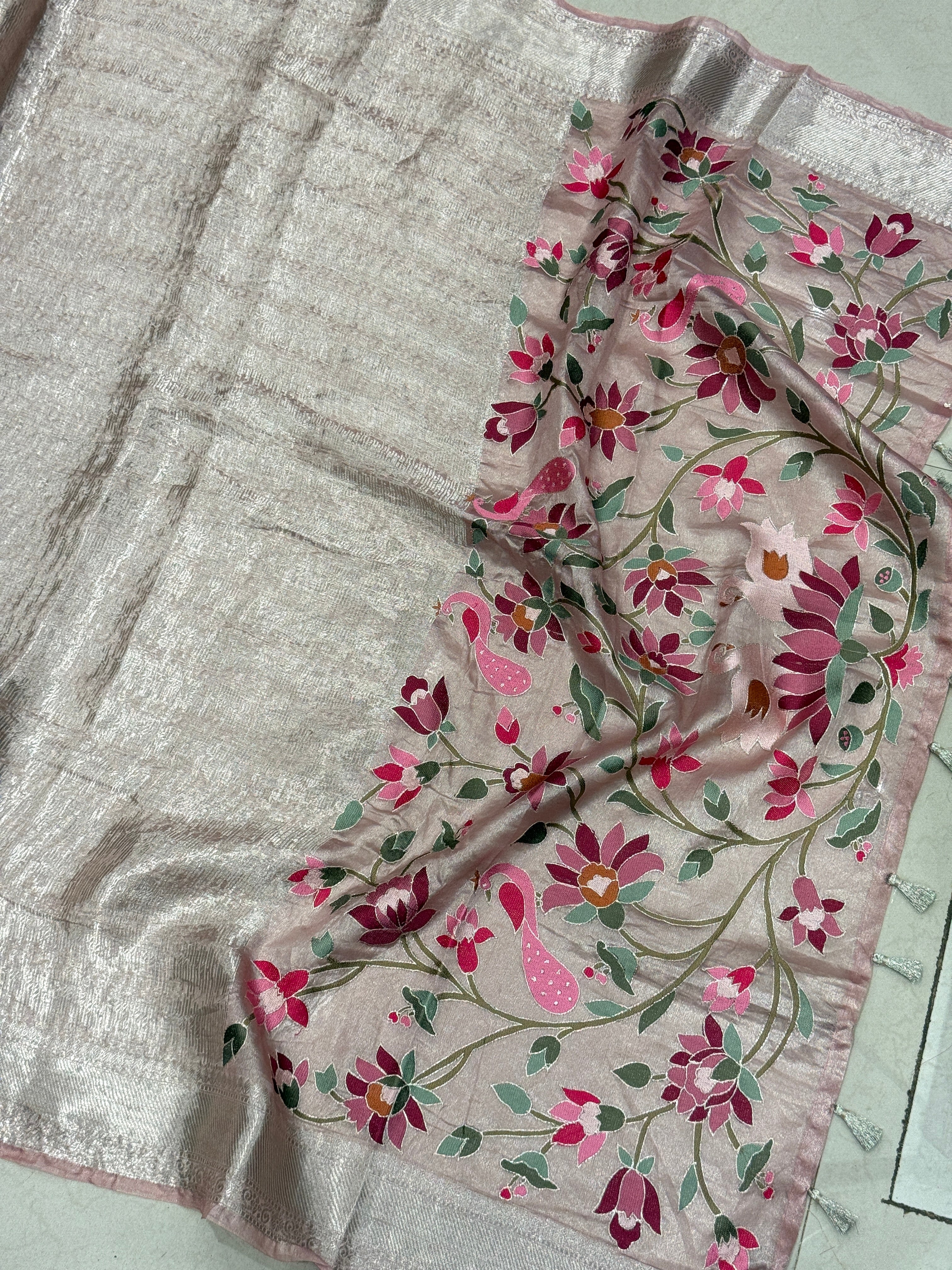 Nude Pink Silver Handloom Tissue Peacock Contemporary Resham Embroidery Saree