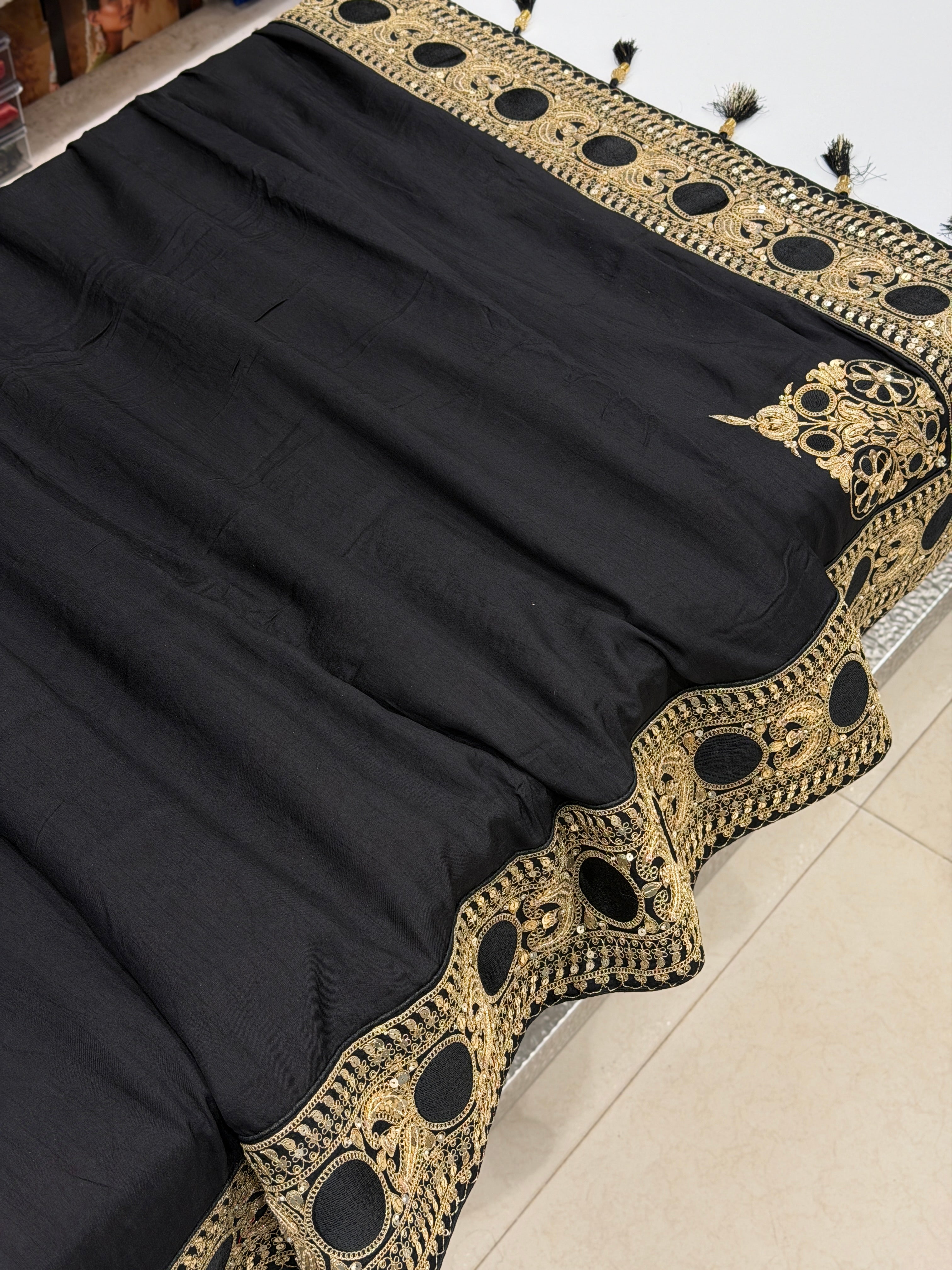 Black Sabyasachi Inspired Marodi Embroidery Pure Silk Zardosi Saree