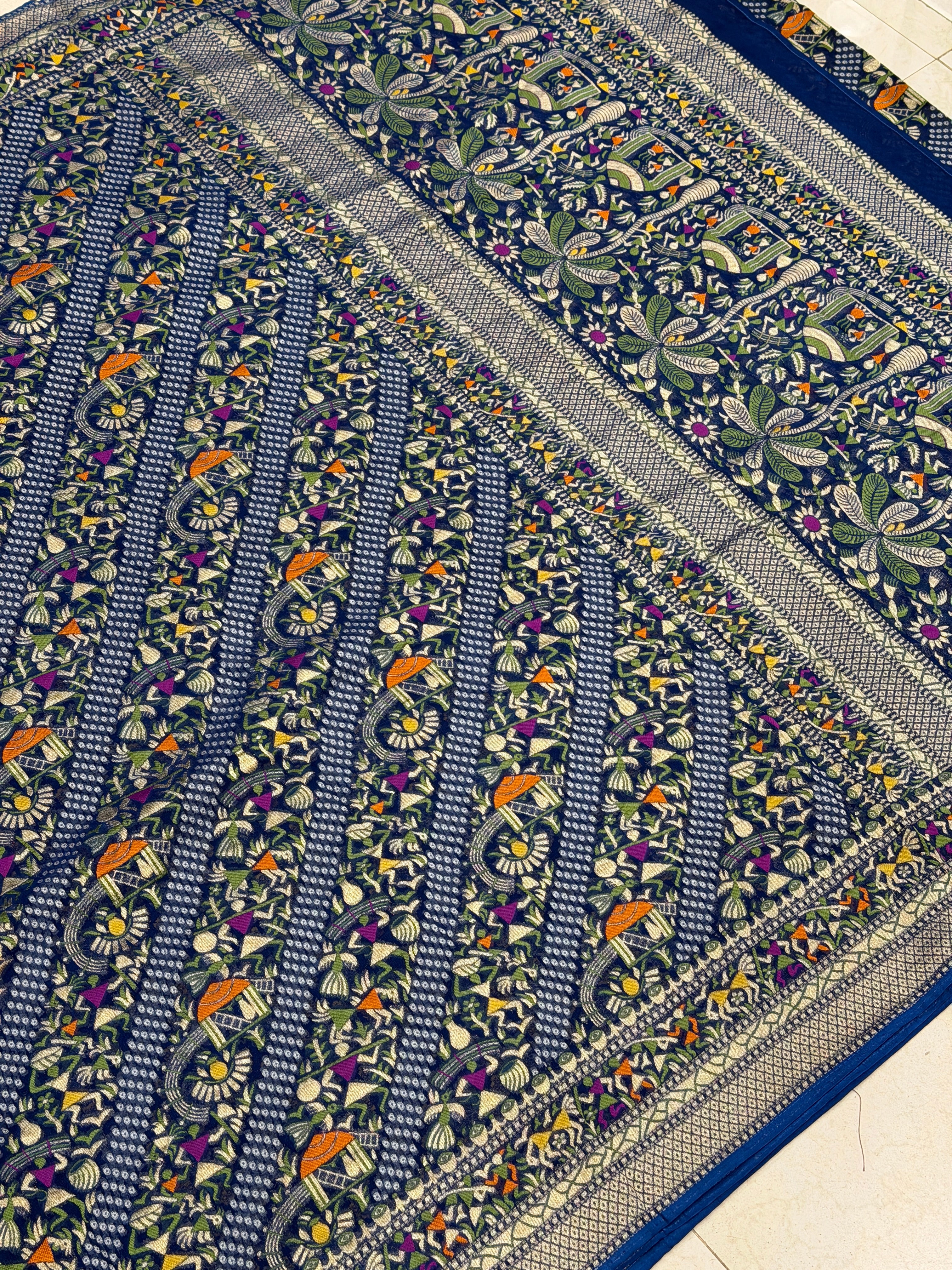 Navy Blue Warli Style Woven Bandhej Georgette Saree