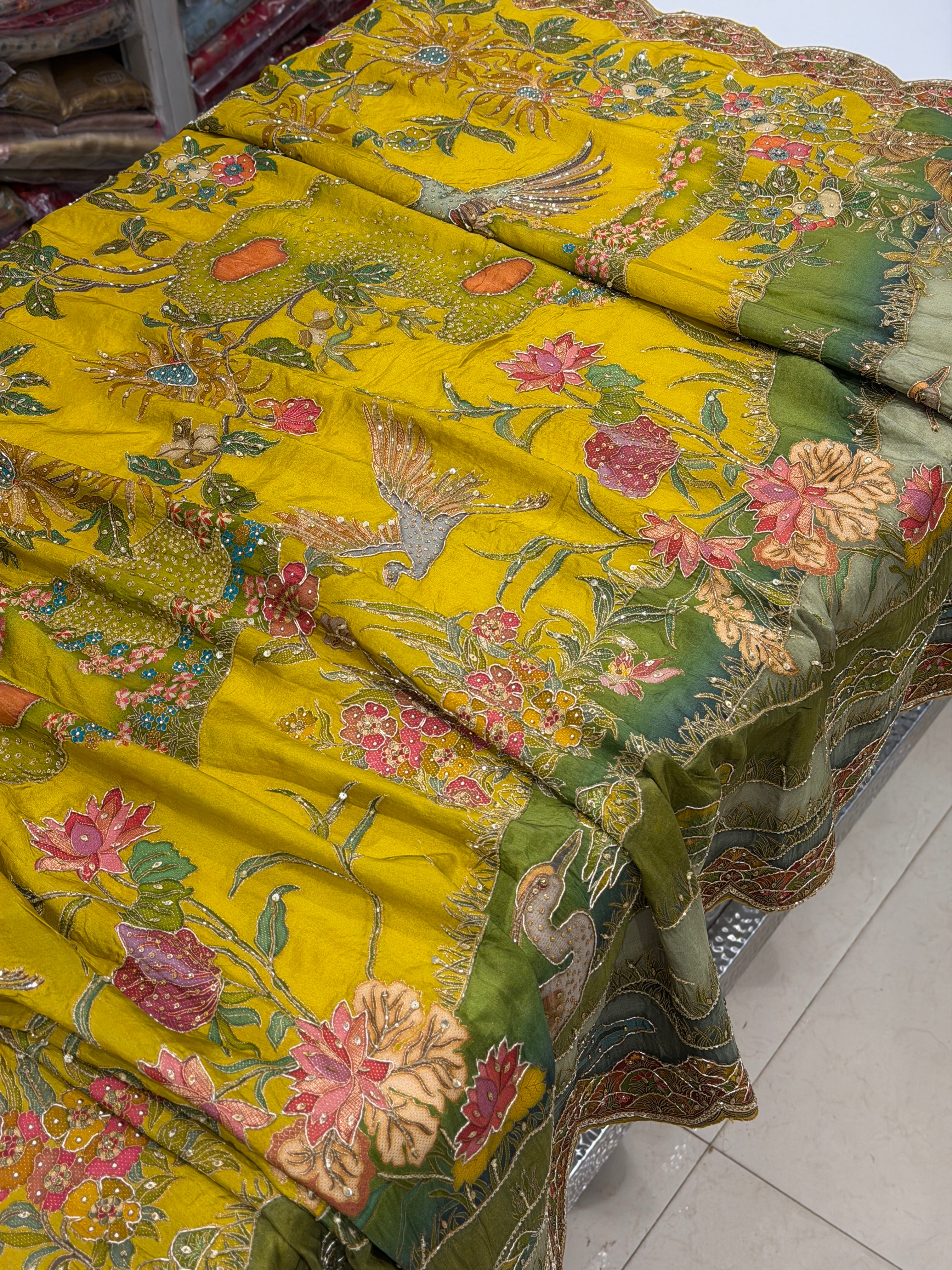 Yellow Munga Canvas Hand Embroidery Saree