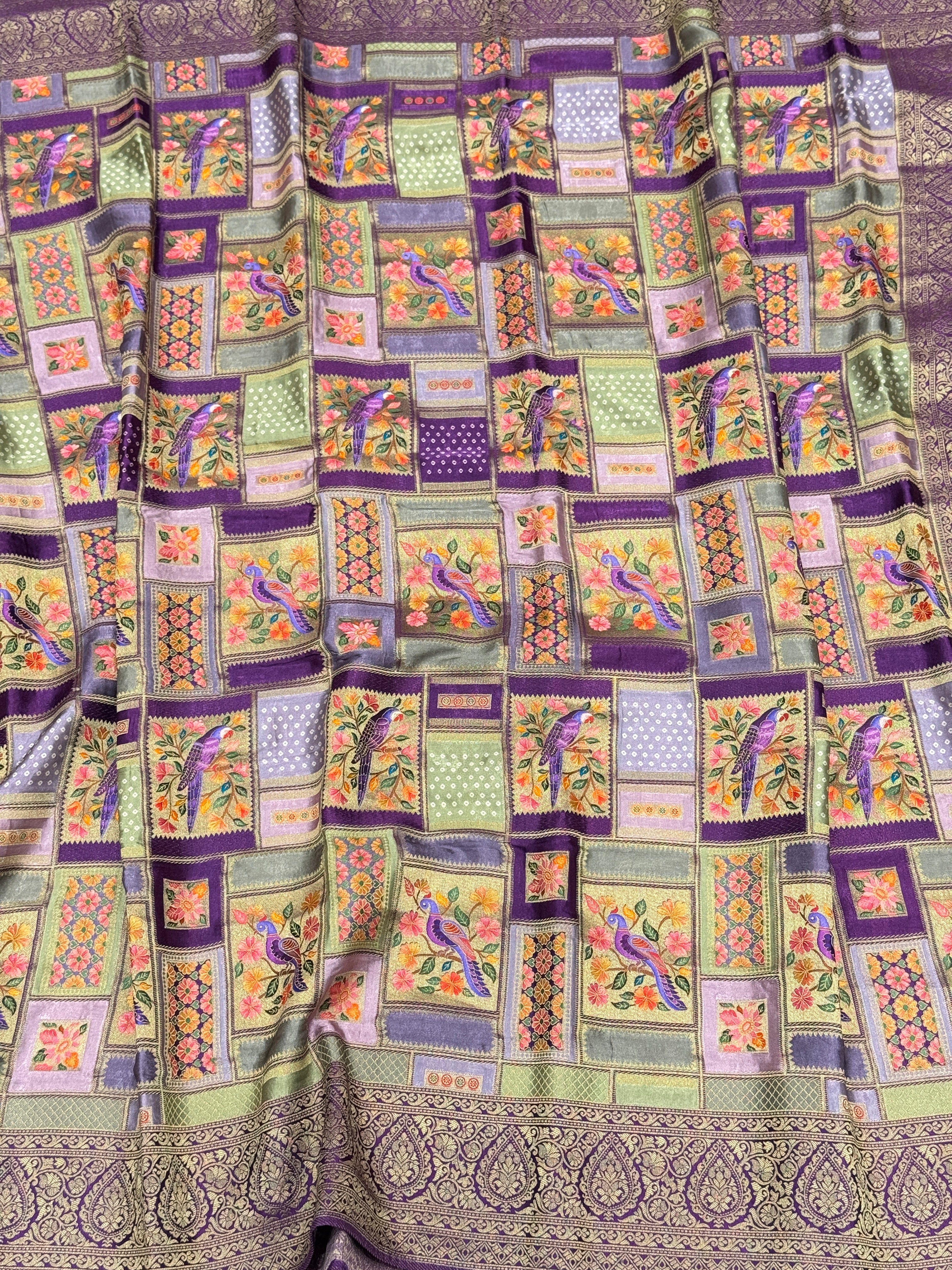 Violet Banarasi Modal Rangkat Satin Checkered Silk Saree