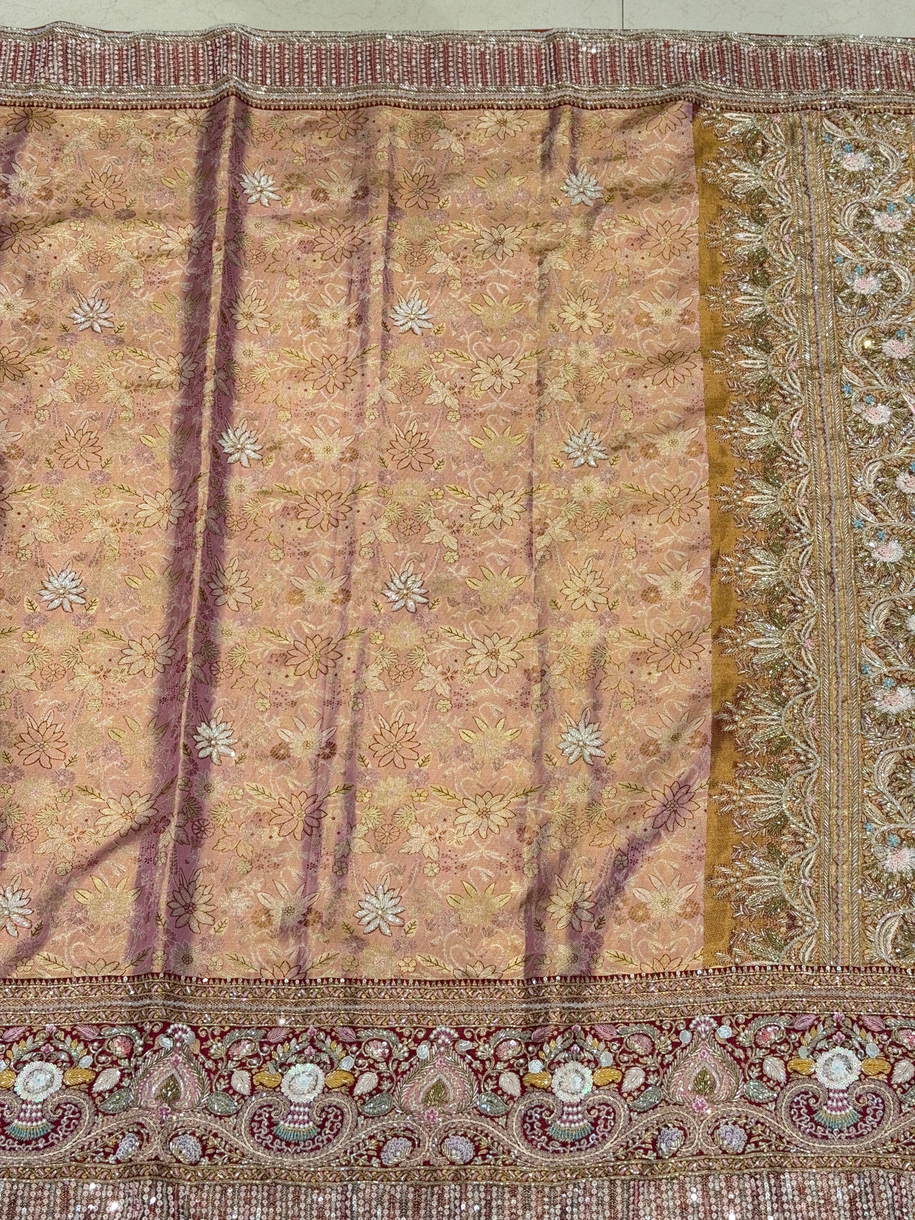 Pink Meenakari Tissue Kanjivaram Moti Zardosi Hand Embroidery Saree