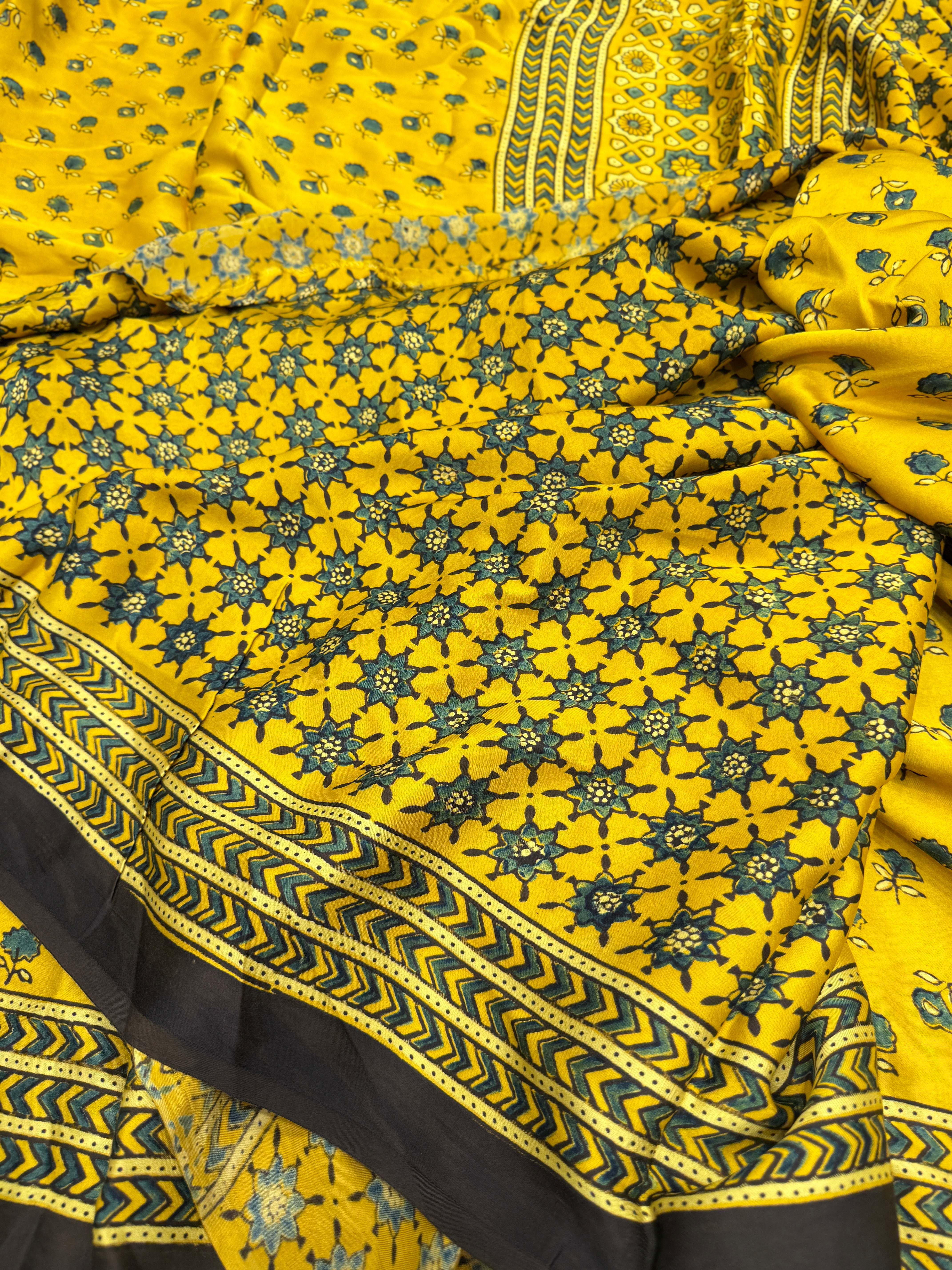 Yellow Butti Modal Silk Ajrakh Saree