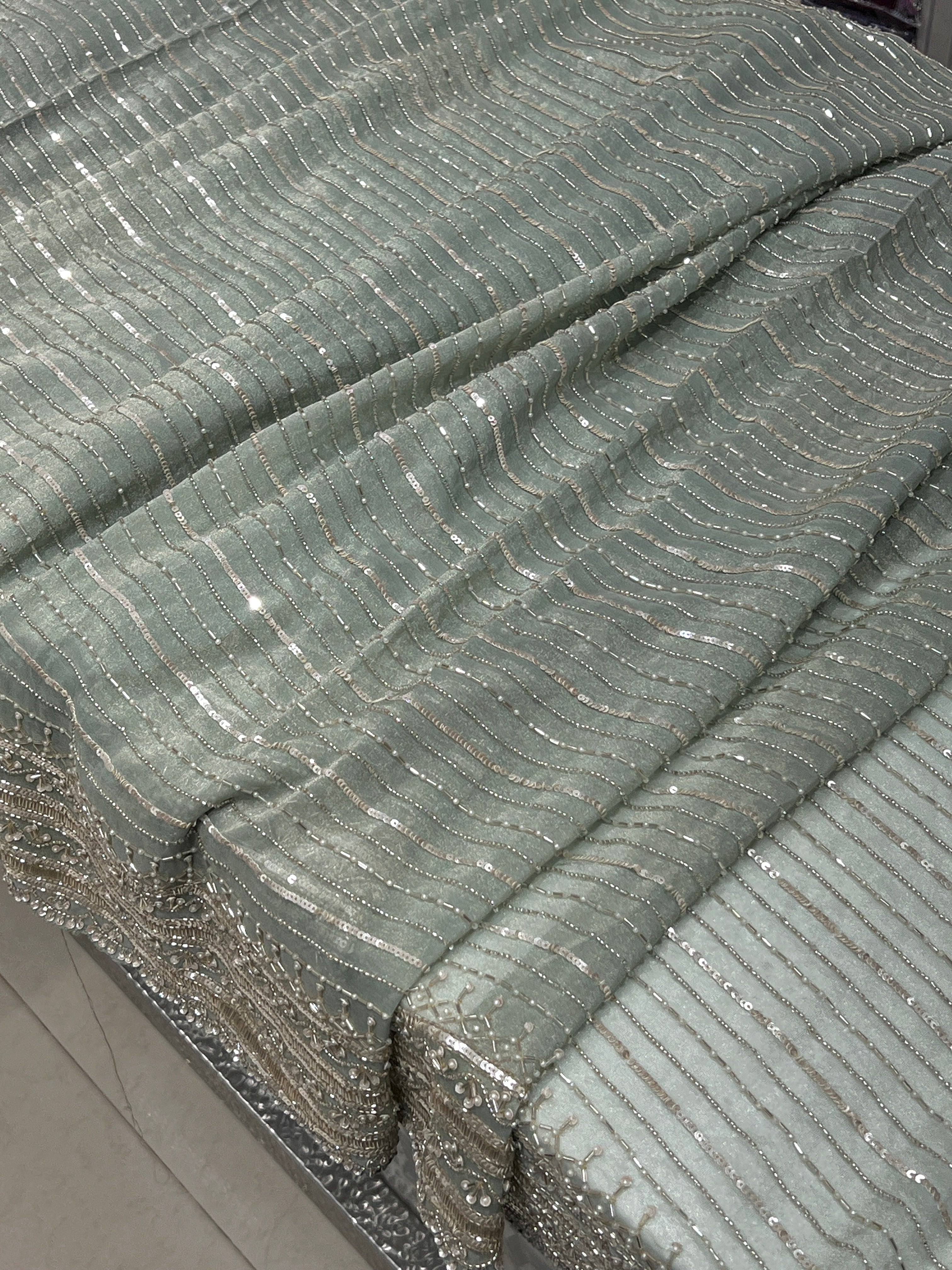 Green Crepe Tissue Moti Hand Embroidery Saree