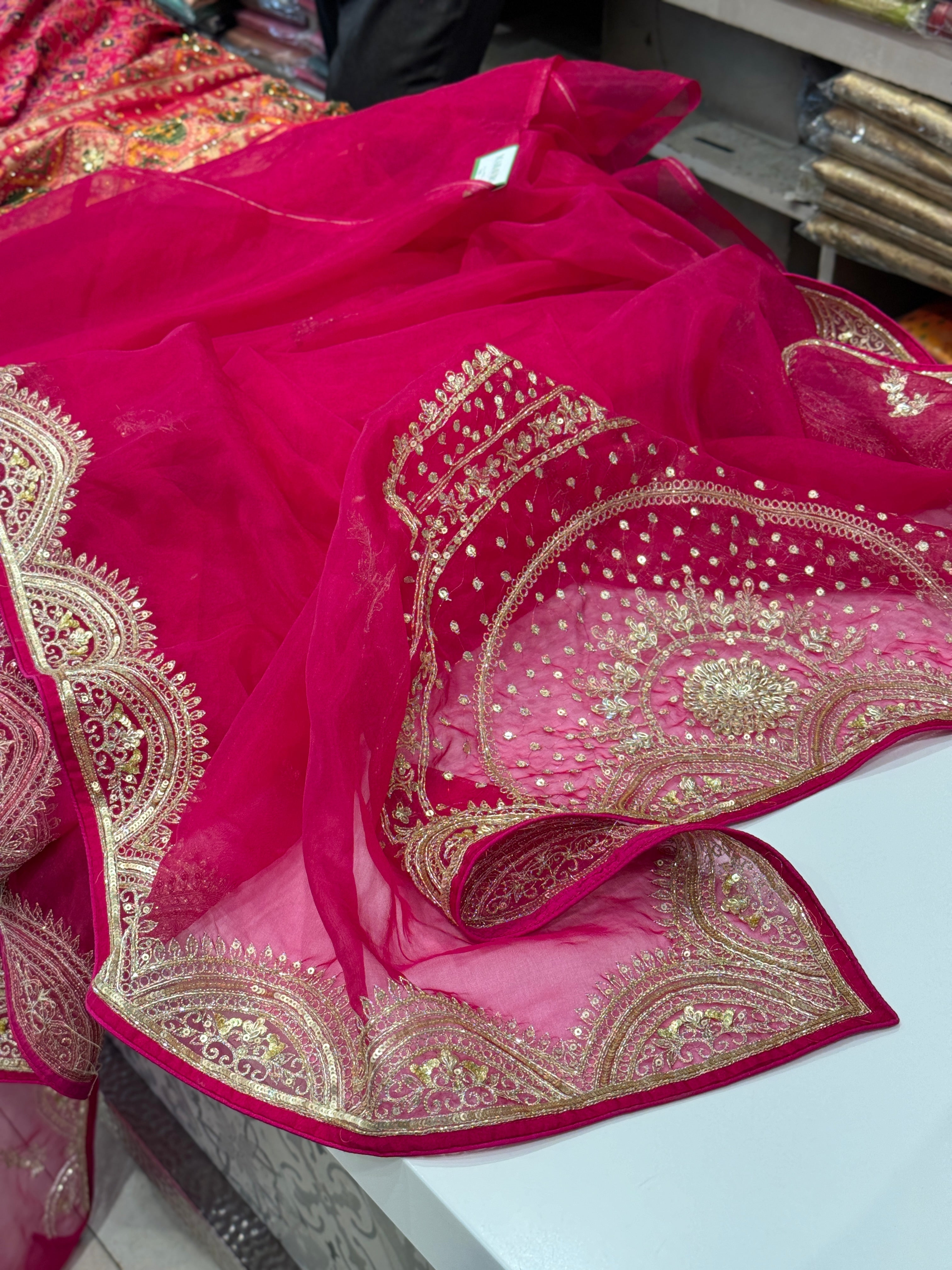 Rani Pink Organza Pita Embroidery Shoulder Butta Saree