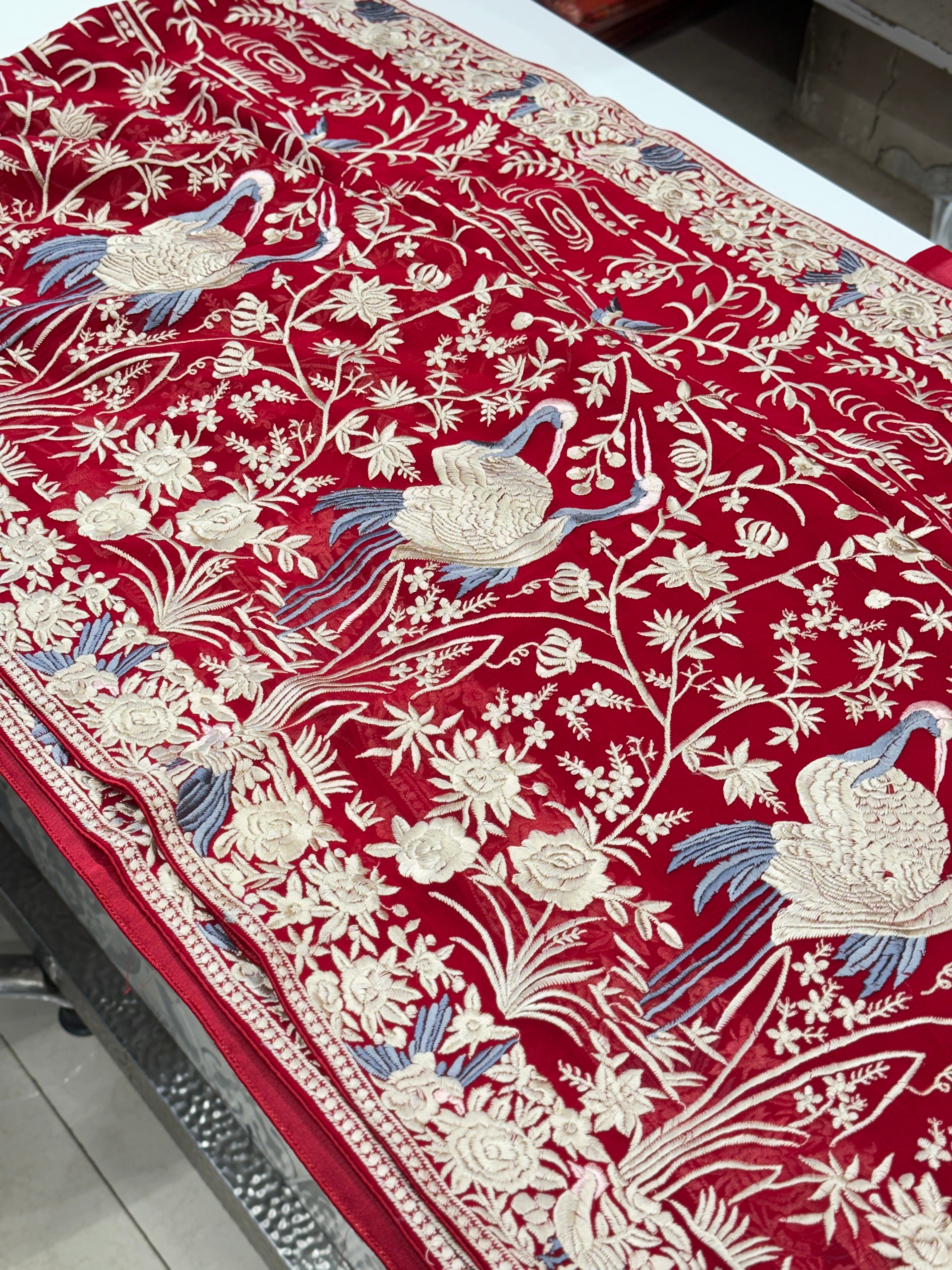 Red Georgette Flamingo Parsi Gara Saree