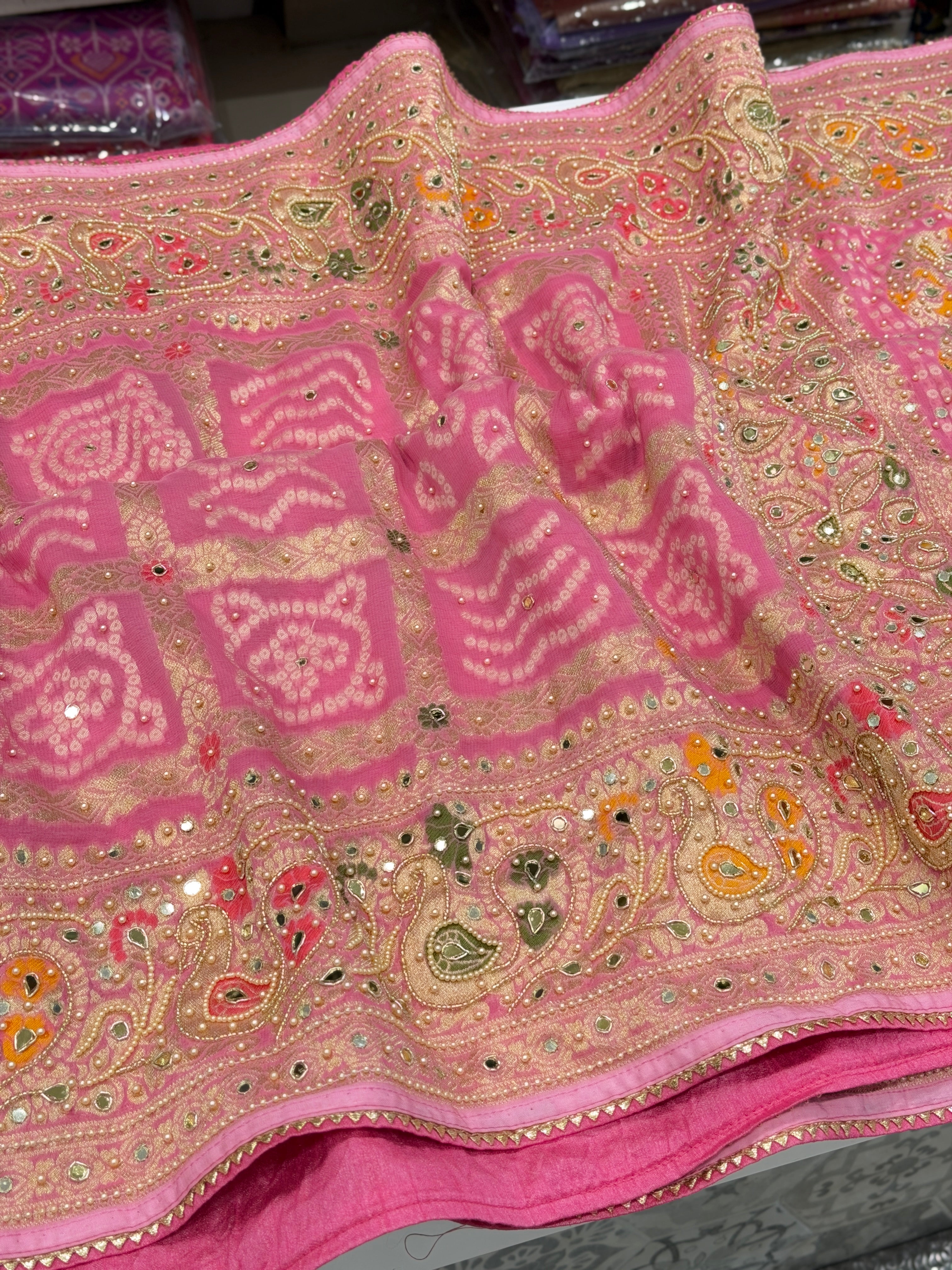 Pink Gharchola Moti Hand Embroidery Saree