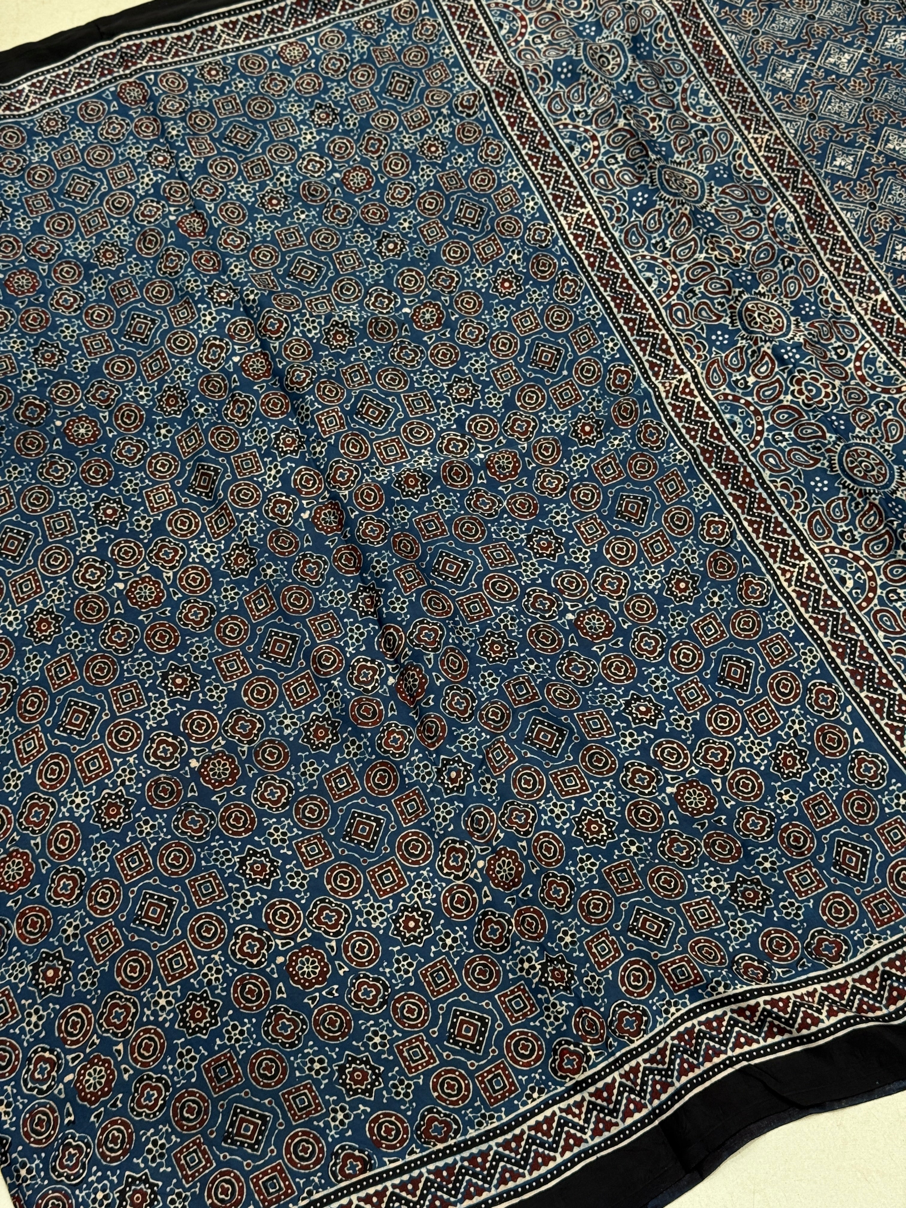 Blue Brown Ajrakh Hand Block Print Pure Gajji Silk Saree