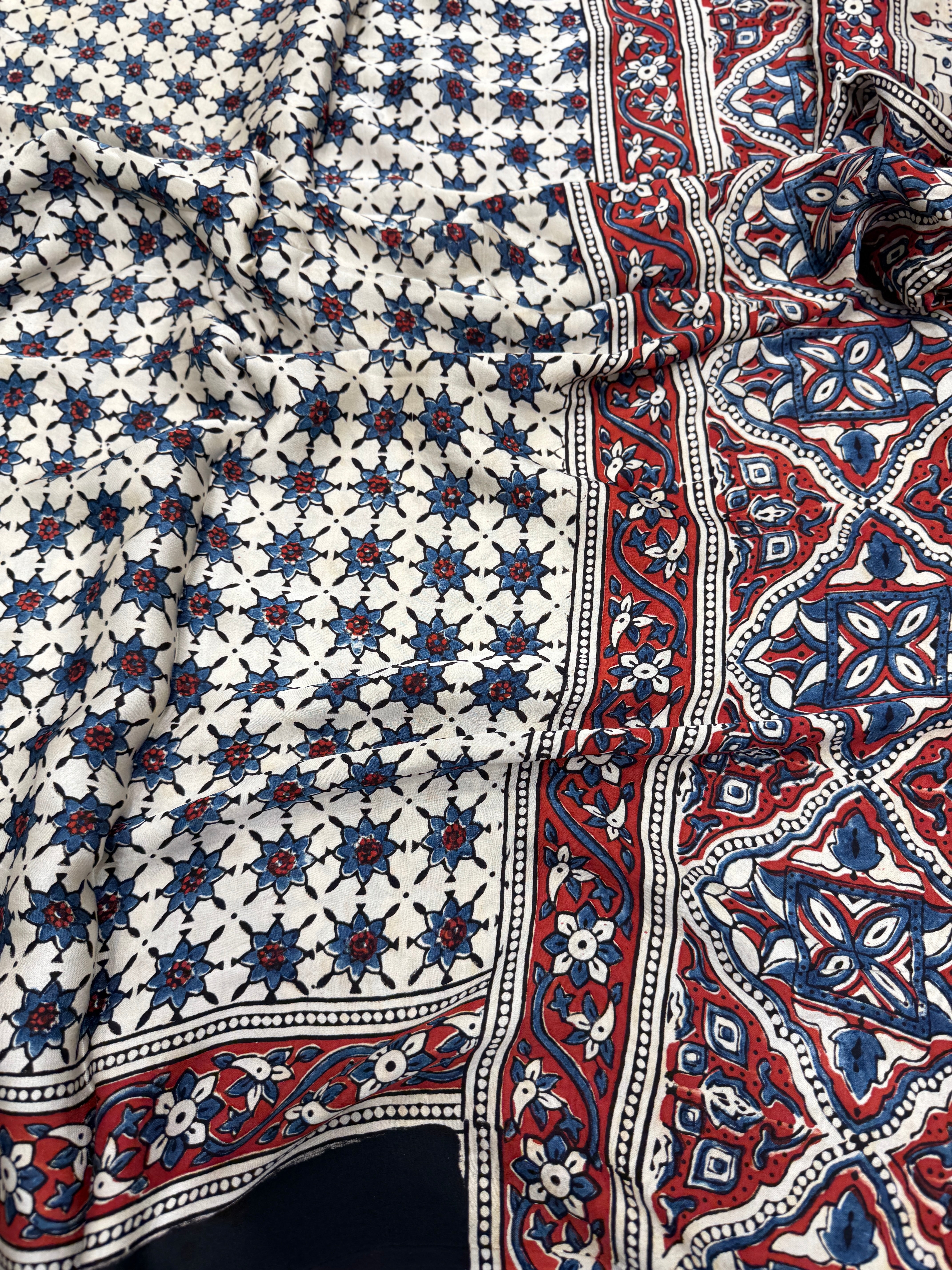 White Blue Star Modal Silk Ajrakh Saree