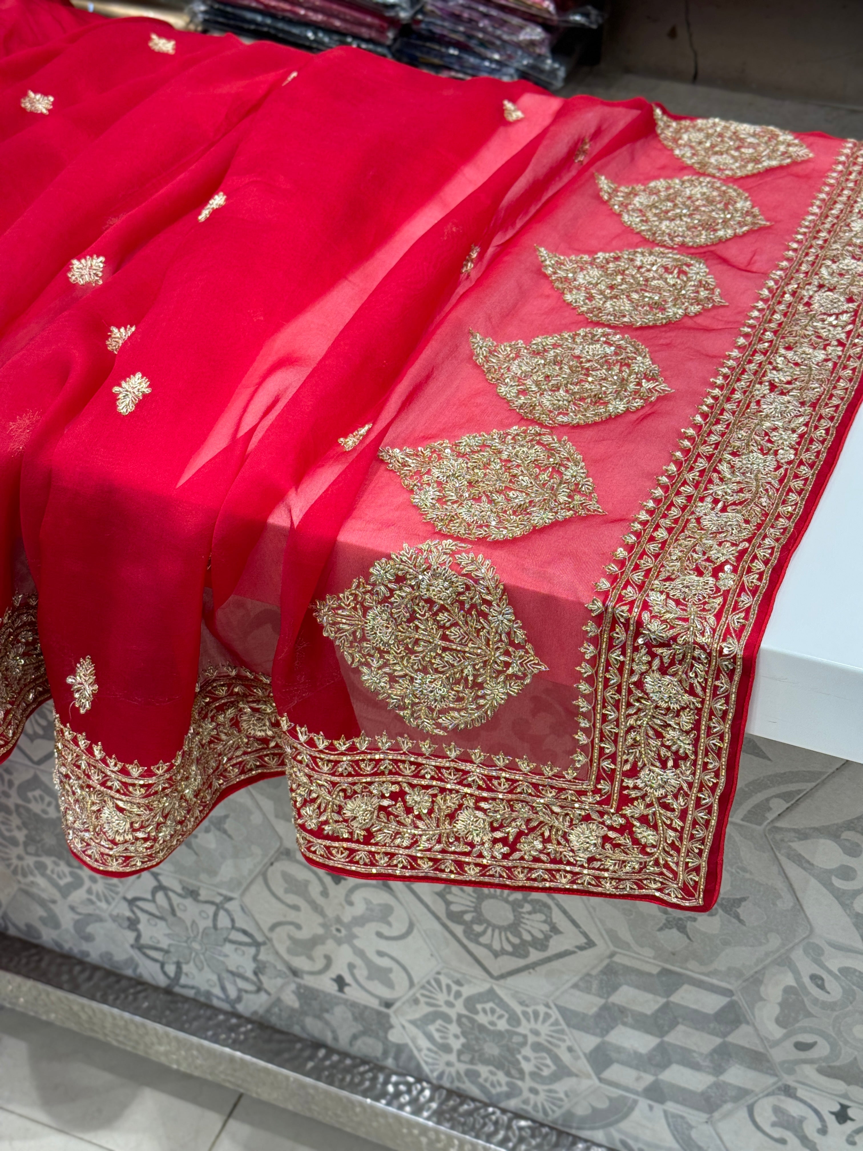Red Pure Organza Zardosi Embroidery Saree