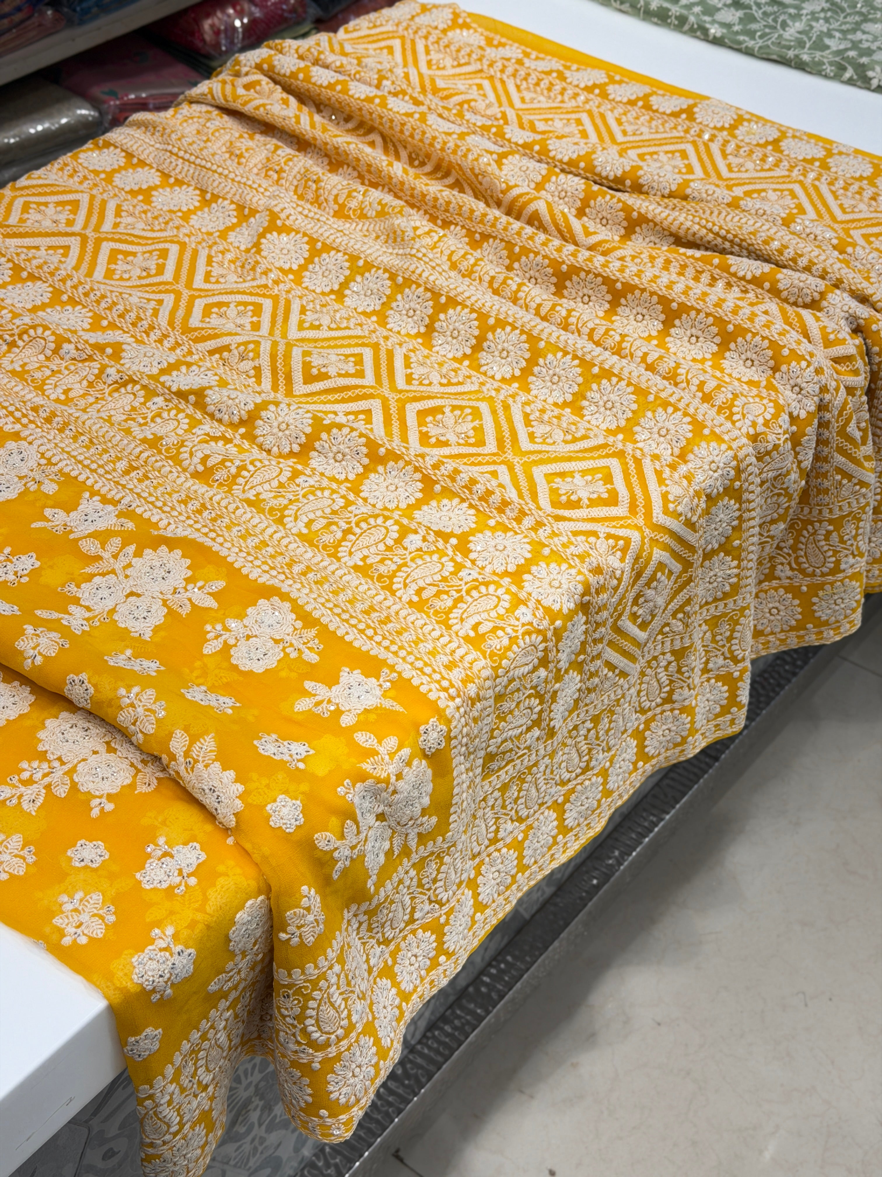 Yellow Chikankari Georgette Resham Butta Saree