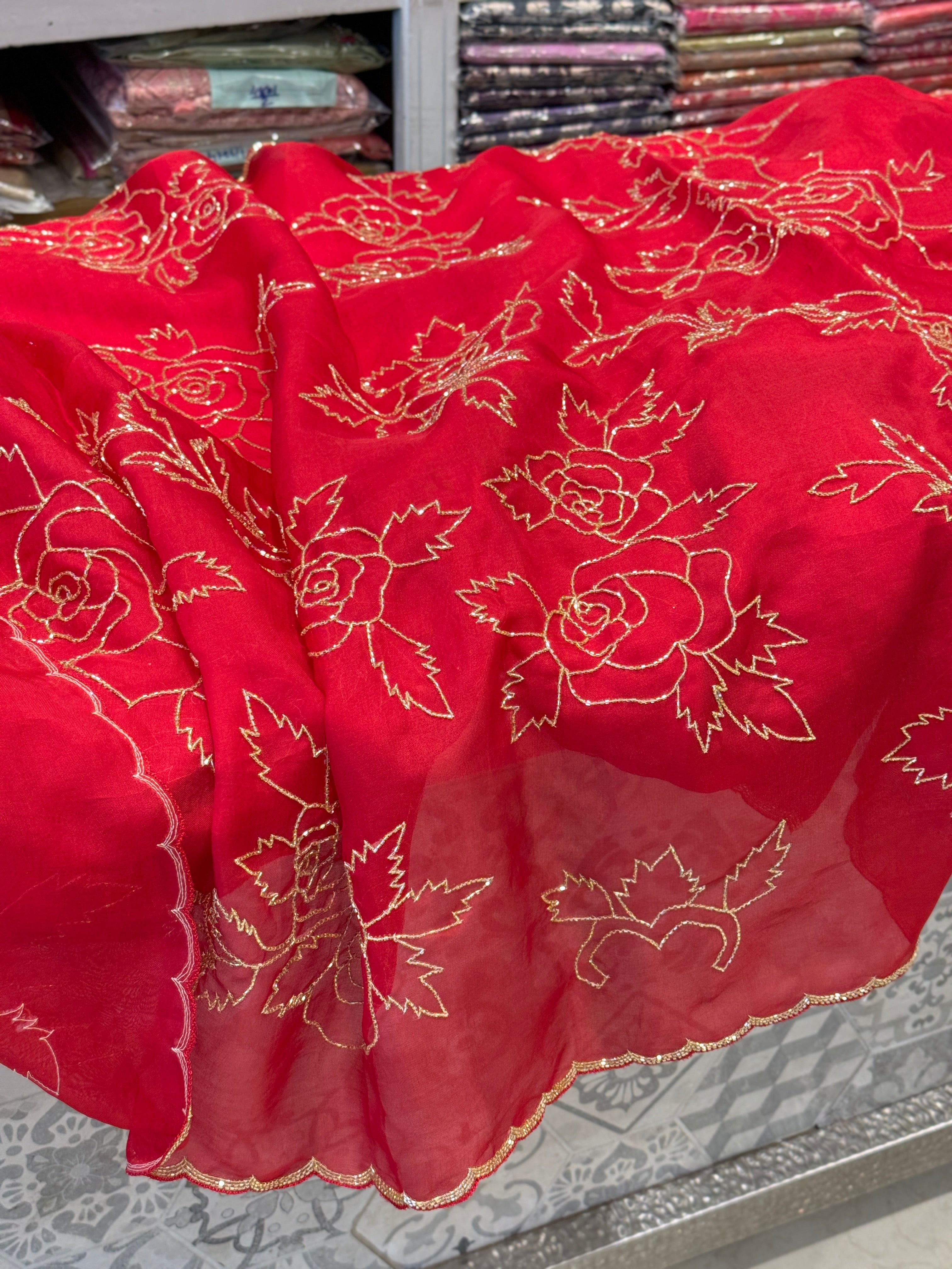 Red Pure Organza Hand Embroidery Saree