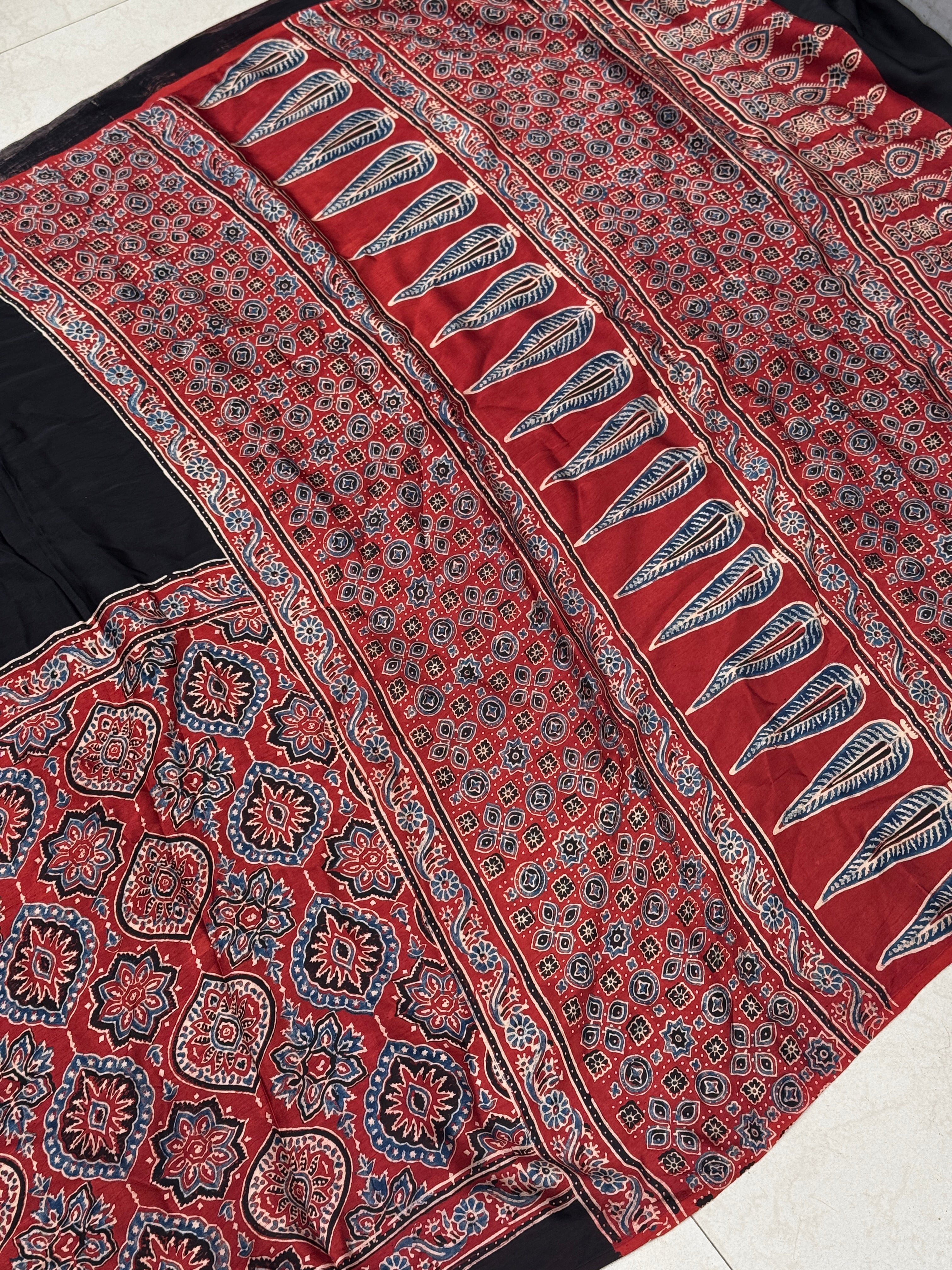 Red Half Contemporary Ajrakh Hand Block Print Pure Gajji Silk Saree