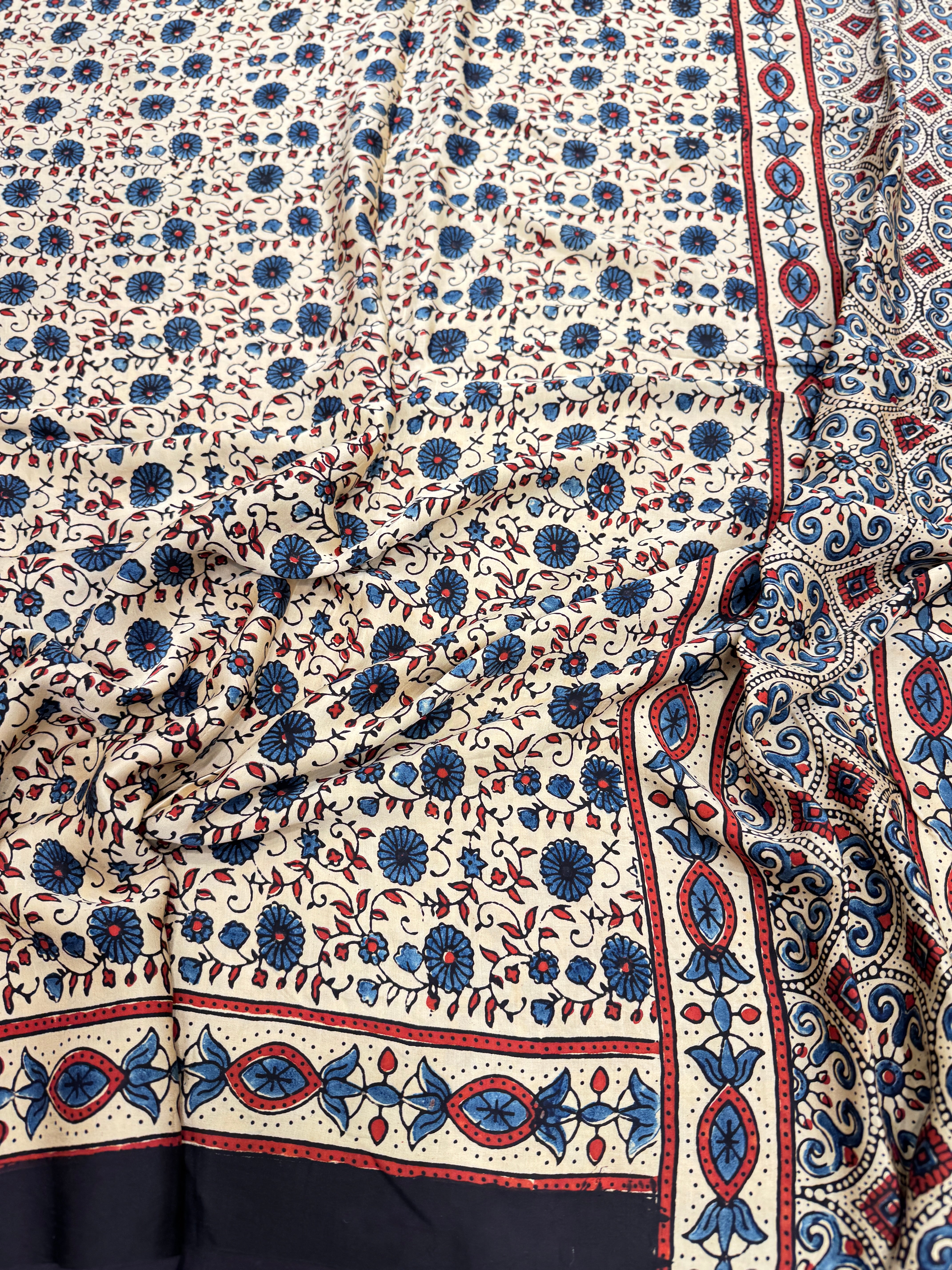 White Floral Jaal Hand Block Print Ajrkah Pure Gajji Silk Saree