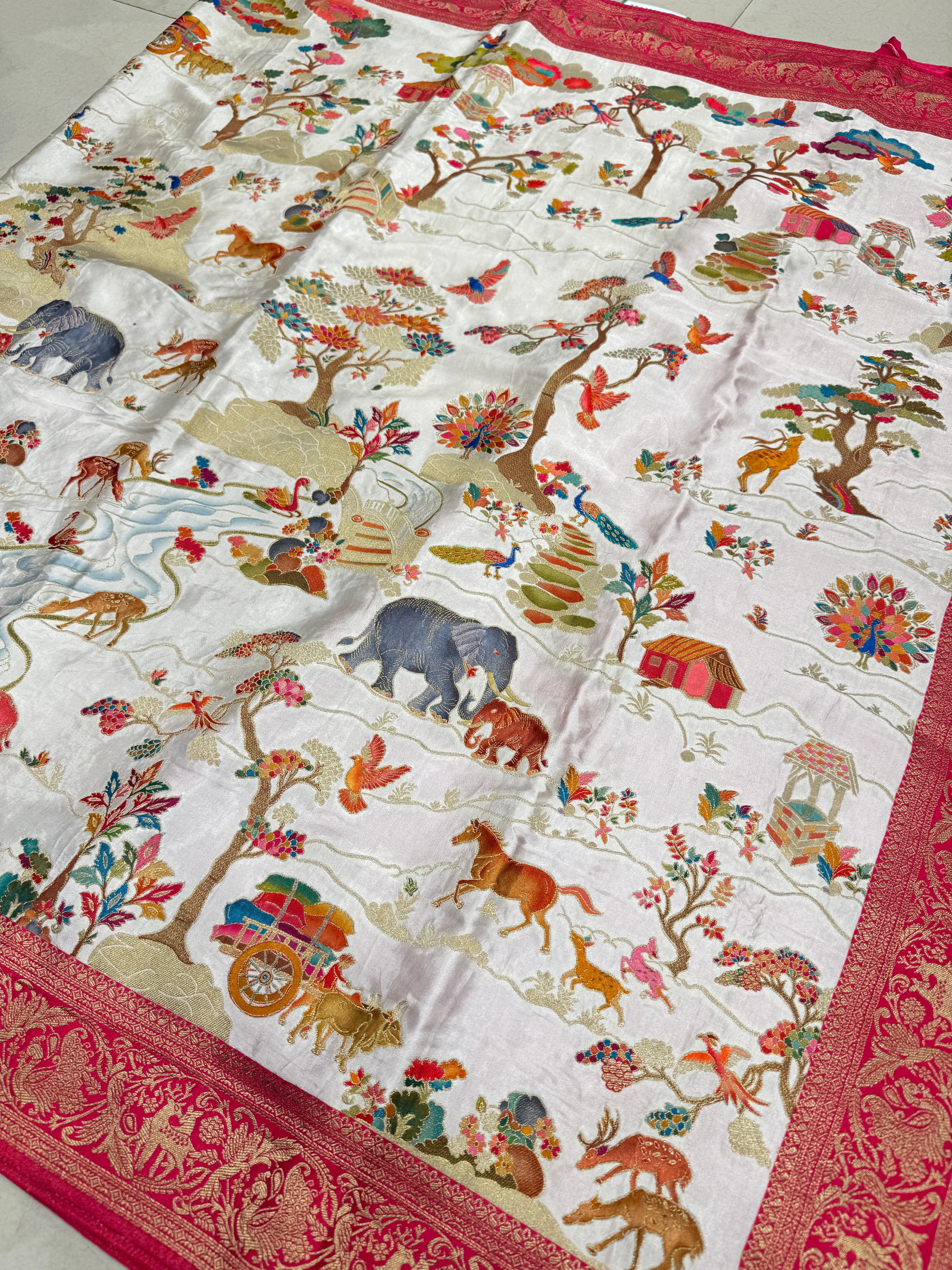 Moti White Modal Shikara Banarasi Saree