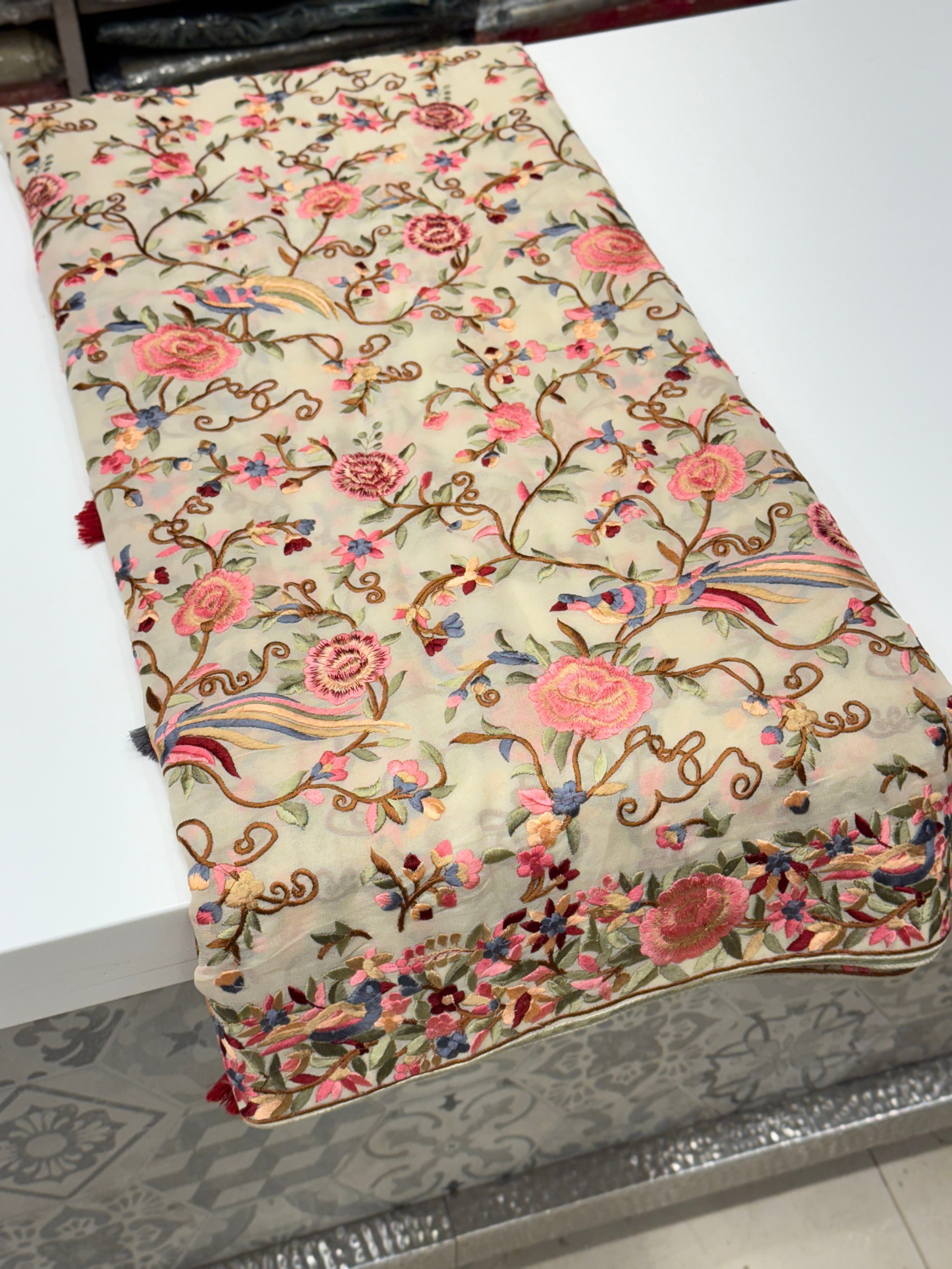 White Georgette Multi Colour Jaal Flamingo Parsi Gara Saree
