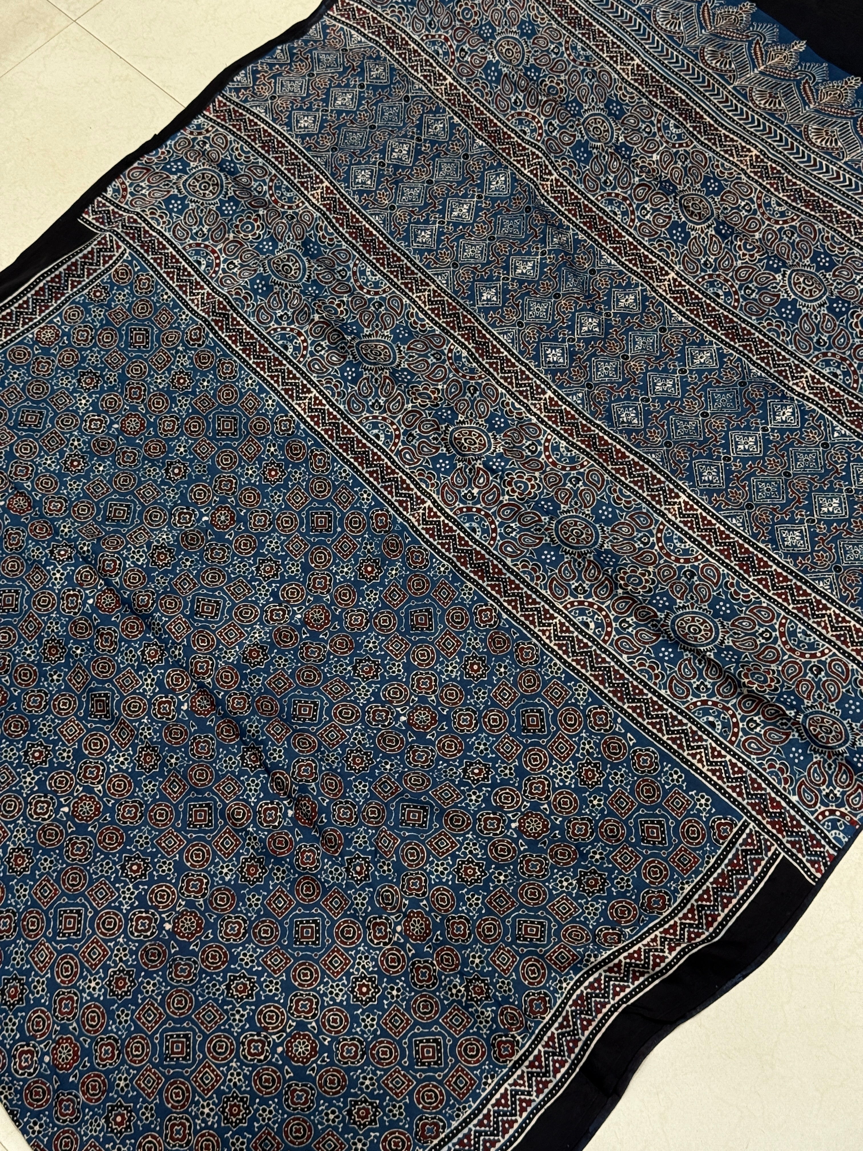 Blue Brown Ajrakh Hand Block Print Pure Gajji Silk Saree