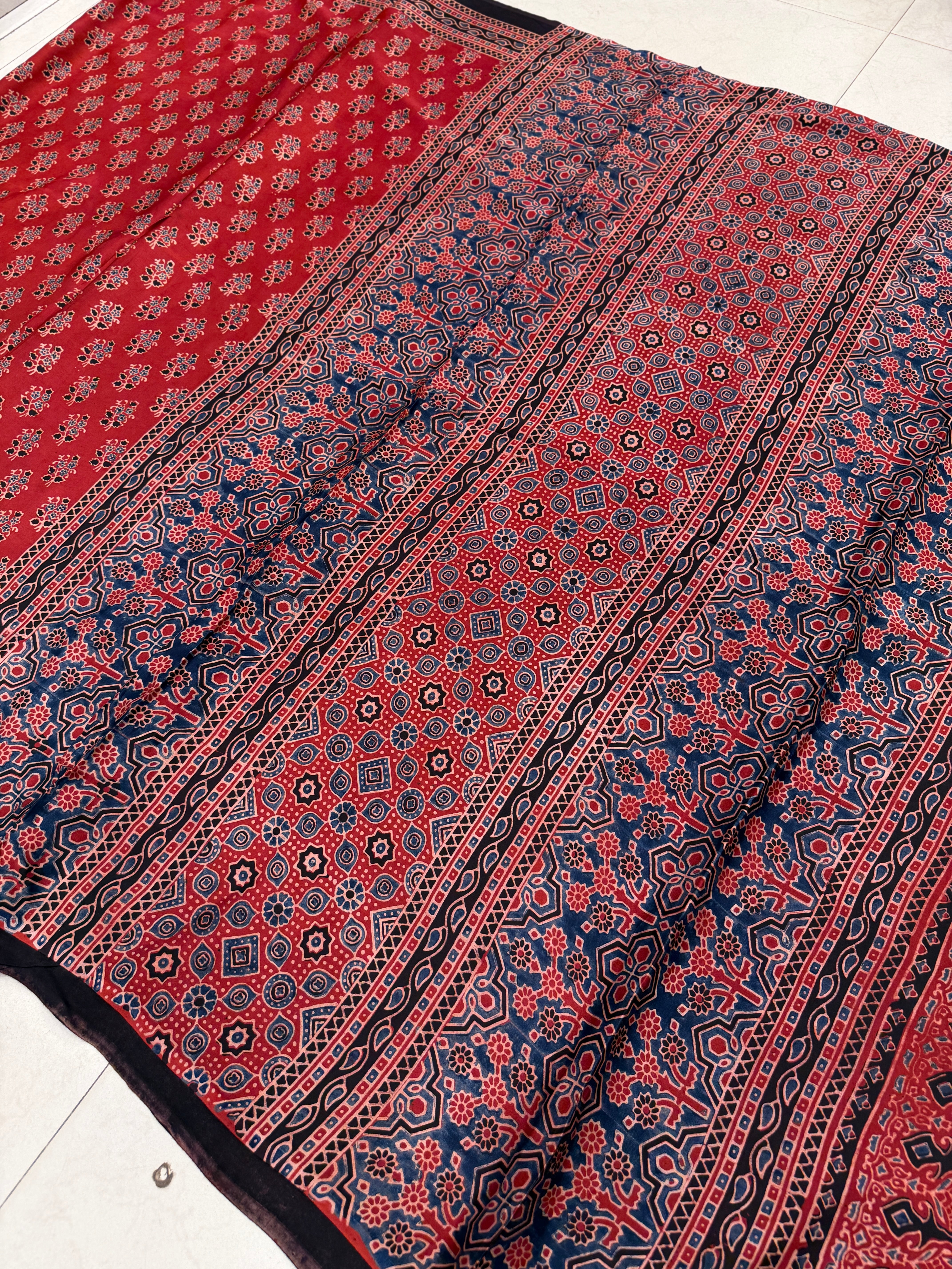 Red Buttis Ajrakh Block Print Hand Pure Gajji Silk Saree