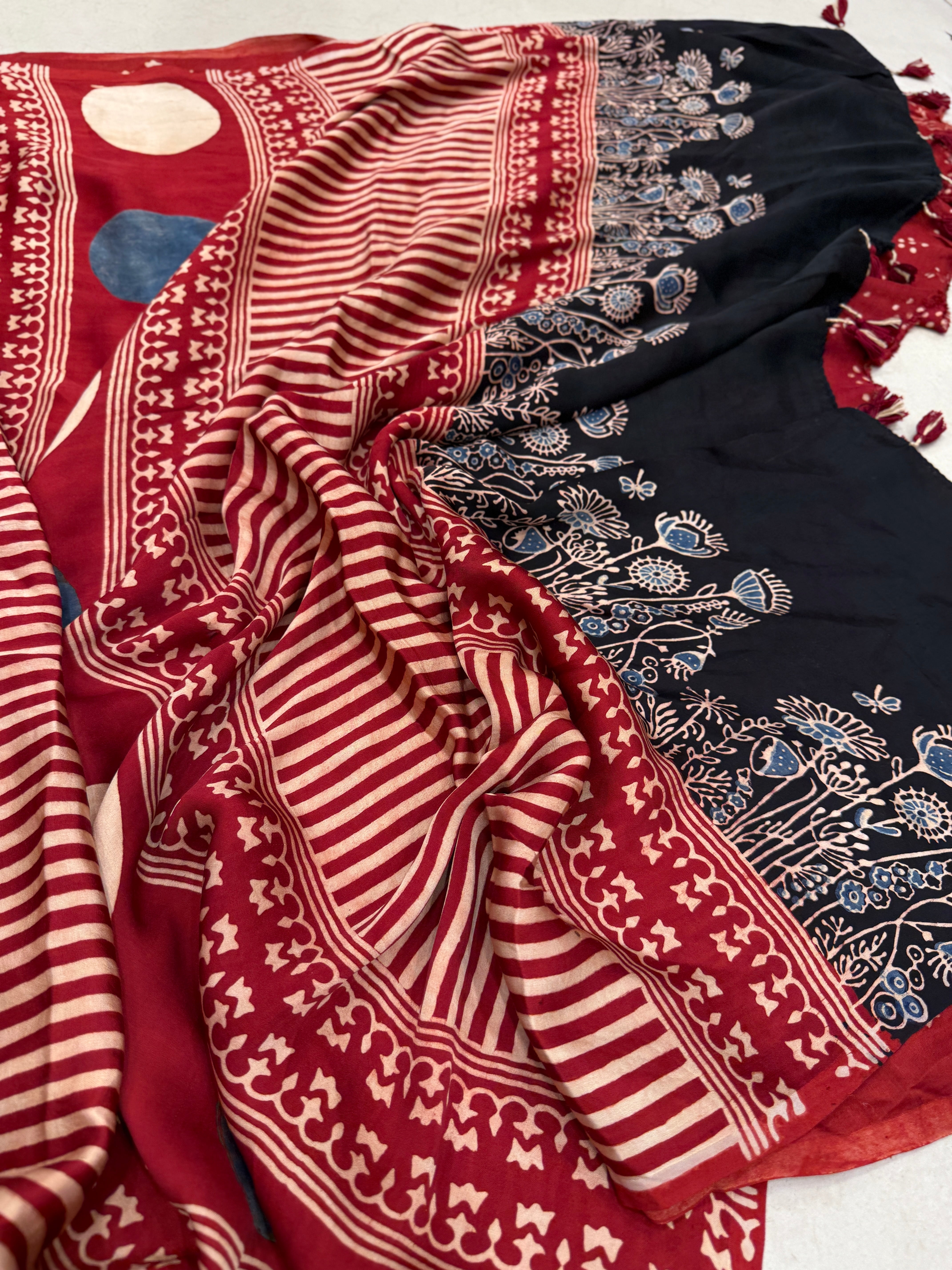 Red Ajrakh Blue Butta Hand Block Print Pure Gajji Silk Saree