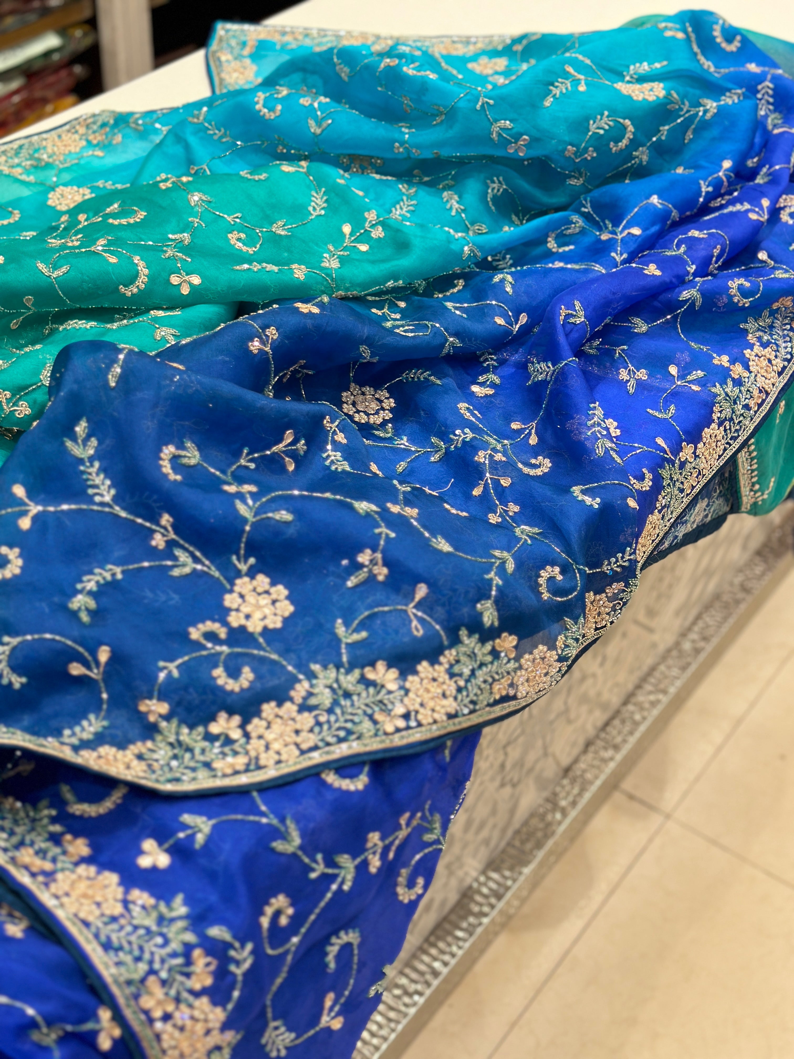 Blue Shaded Pure Organza Embroidery Saree
