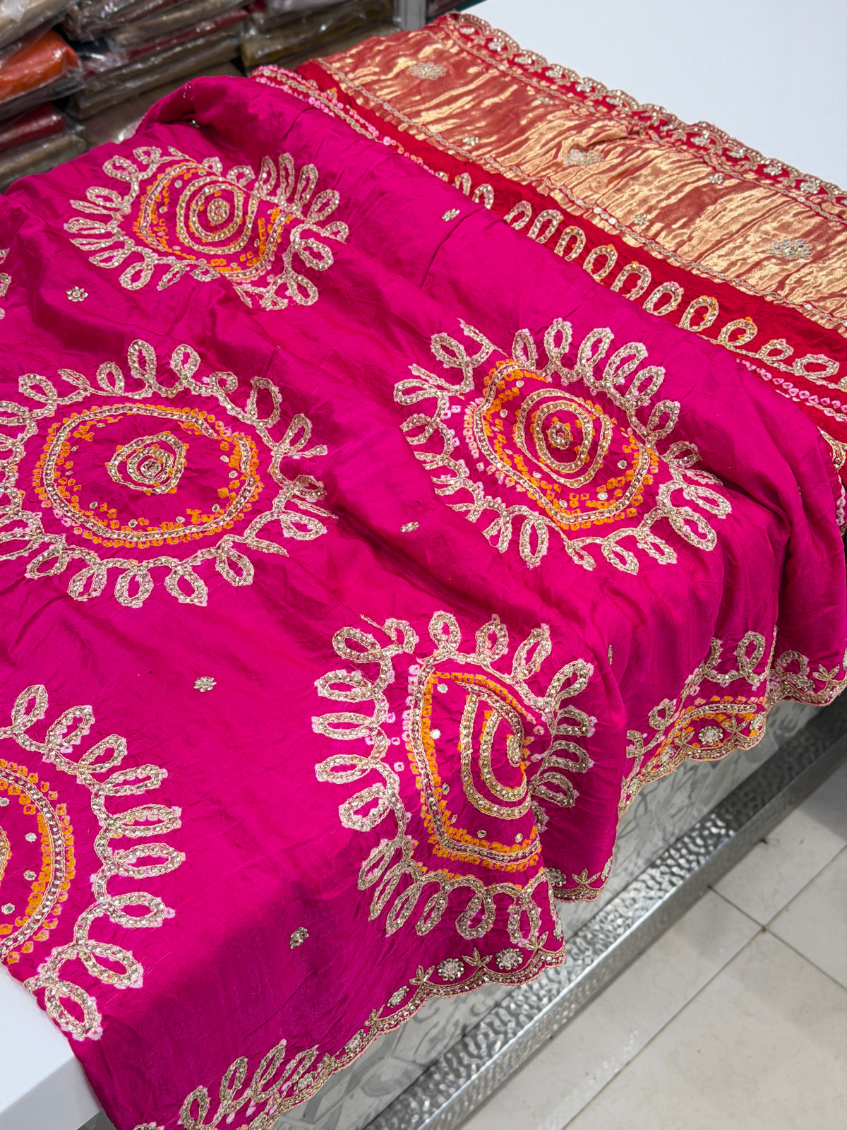 Rani Red Half Gharchola Gajji Silk Bandhej Gotapatti Marodi Hand Embroidery Saree