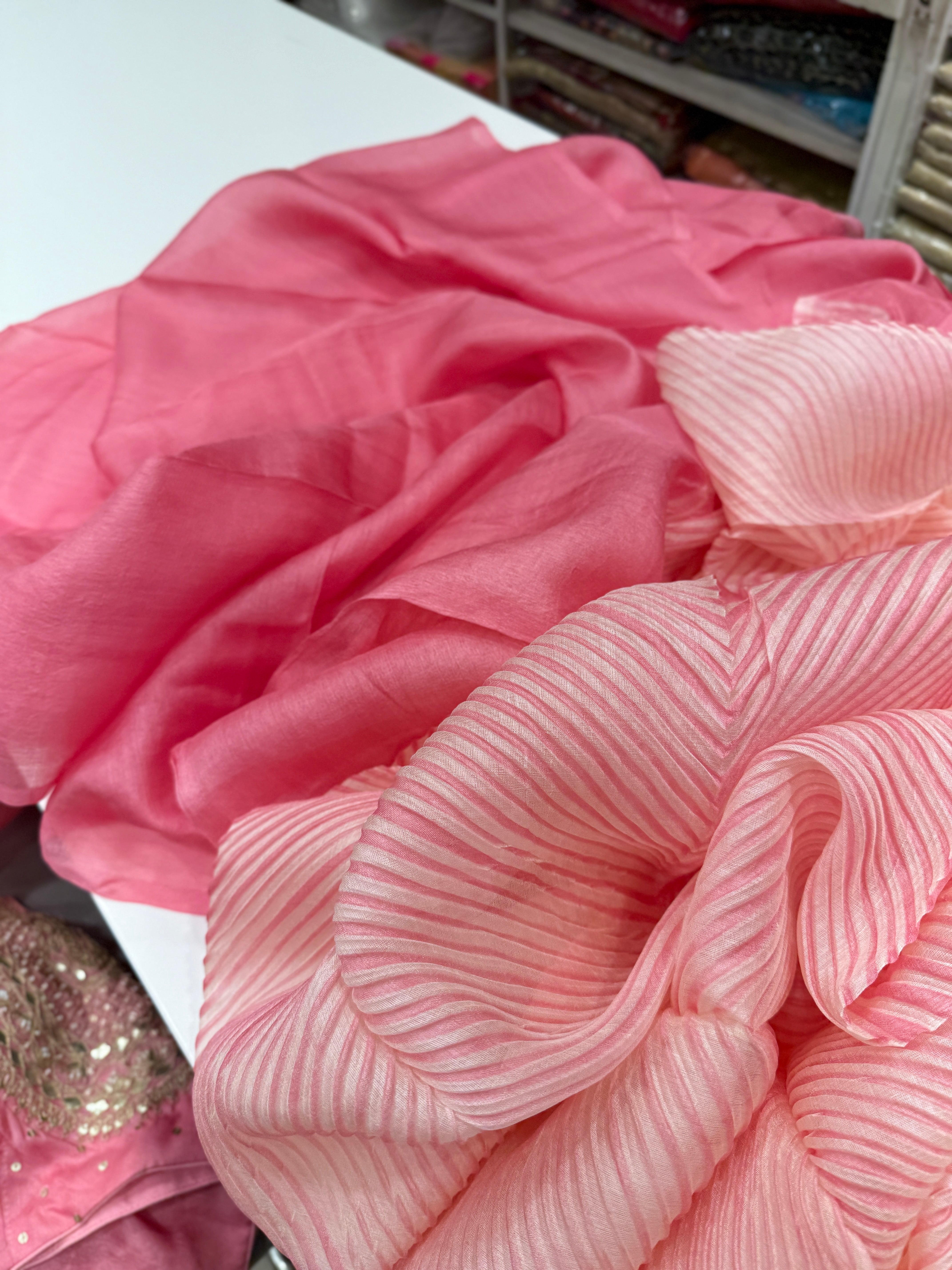 Pink Crushed Tussor with Ready Blouse Saree