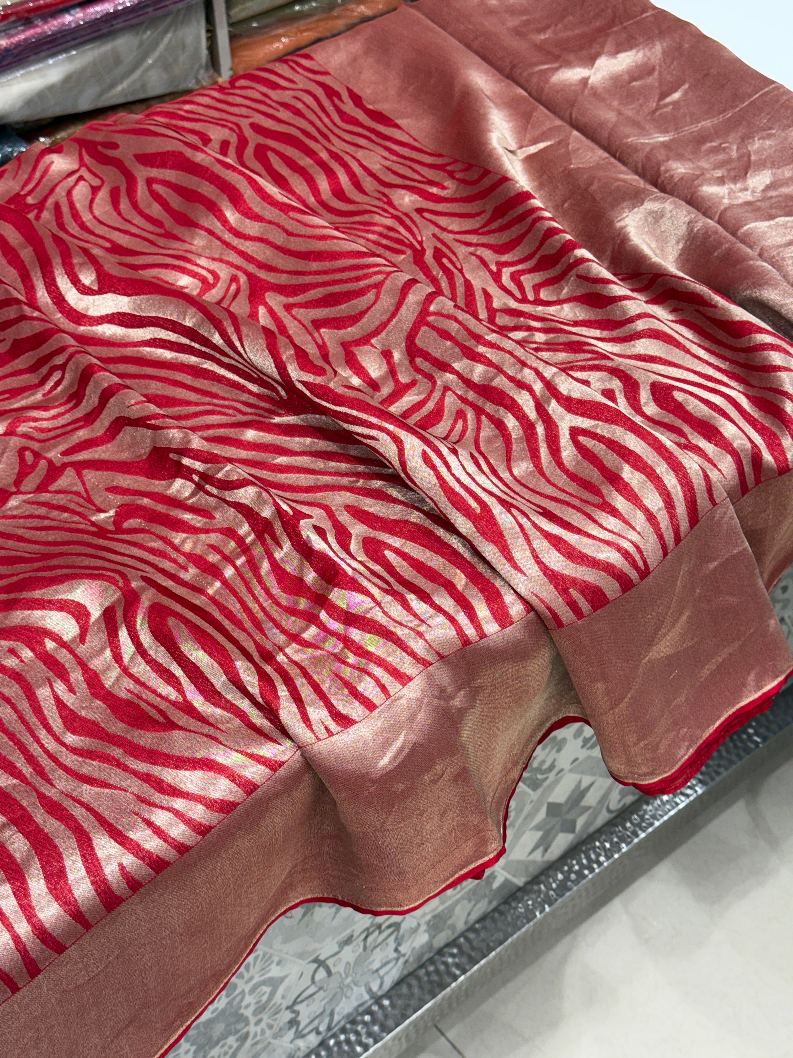 Red Munga Tissue Silk Contemporary Tiger Weave Banarasi Saree