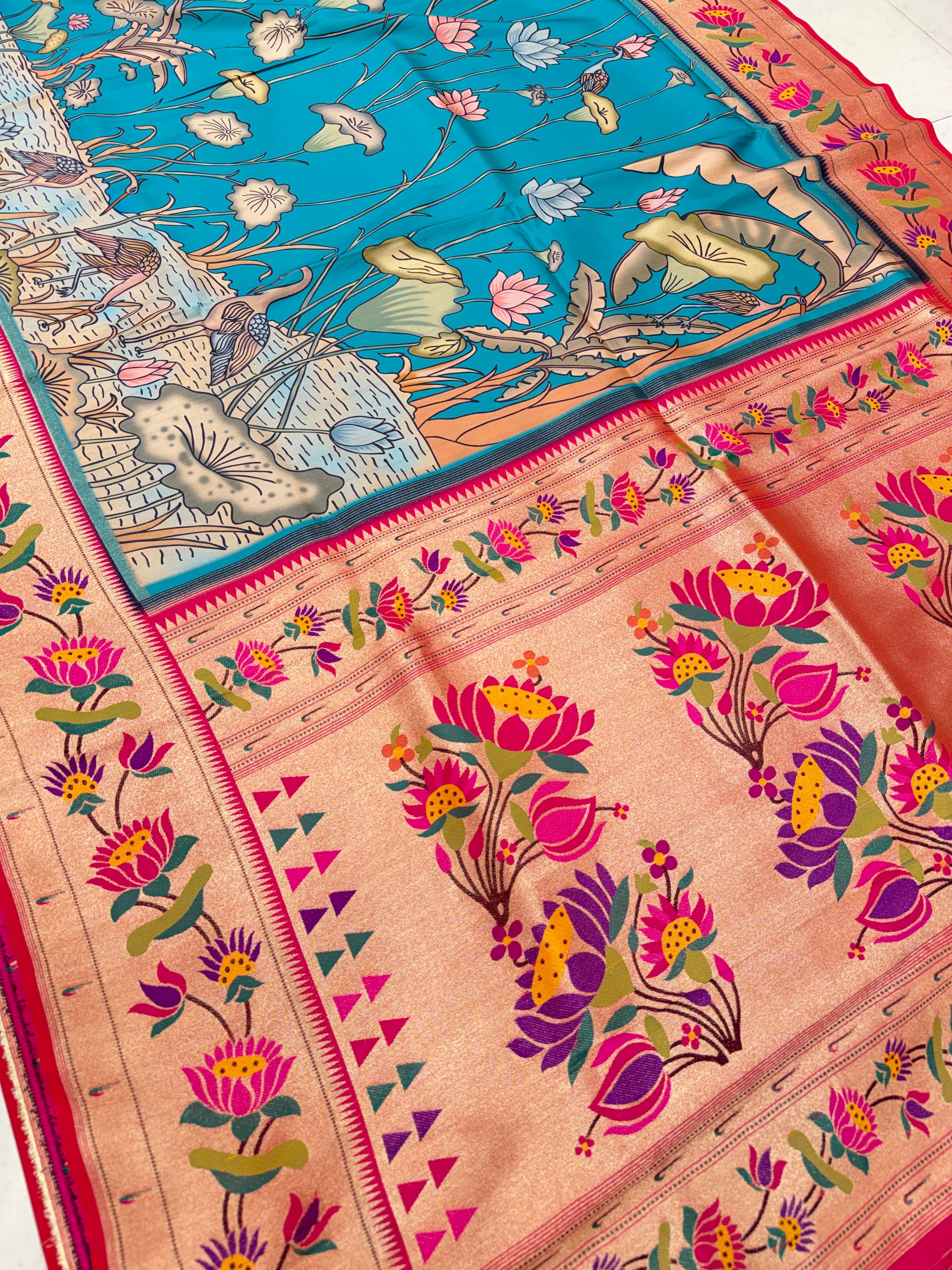Blue Kalamkari Print Paithani Weaved Soft Silk Saree